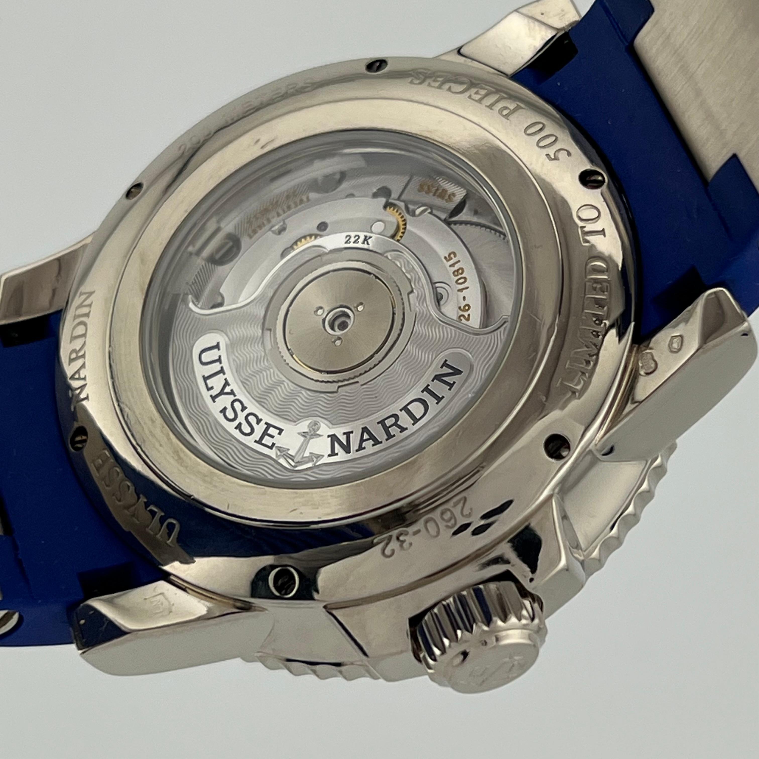 Ulysse Nardin Marine Diver 260-32-3A 18K White Gold Blue Rubber Strap For Sale 4