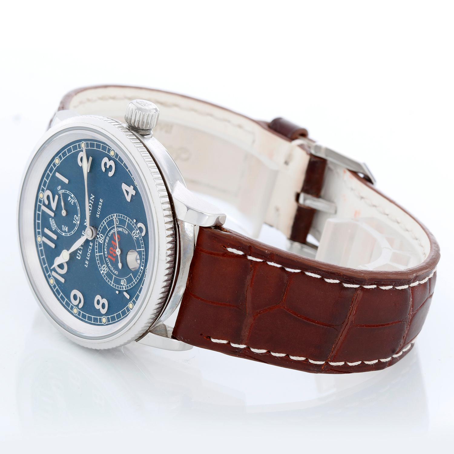 Ulysse Nardin Marine Stainless Steel 1846 Watch  263-22 - Automatic. Stainless Steel  ( 38 mm ). Blue dial with Arabic numerals; sub dial at 12 o'clock and 6 o'clock. Brown leather strap with Nardin buckle. Pre-owned with custom box.