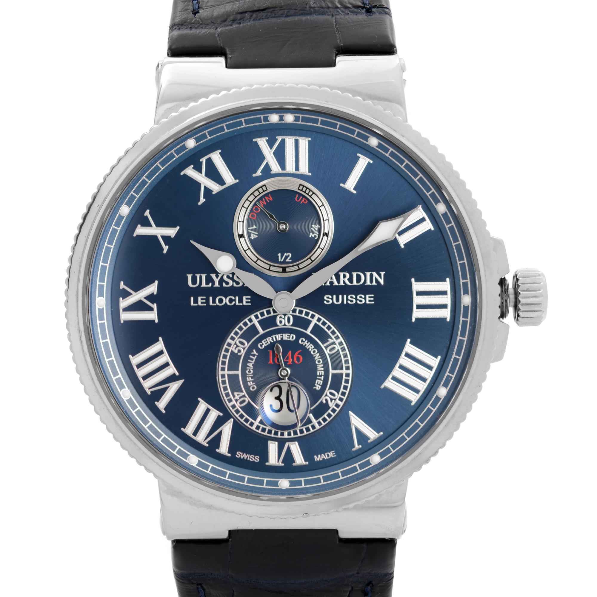 Pre Owned Ulysse Nardin Marine Stainless Steel Blue Arabic Dial Automatic Mens Watch 263-67-7/43. This Beautiful Timepiece is Powered by Mechanical (Automatic) Movement And Features: Round Stainless Steel Case with a Blue Leather Strap, Fixed