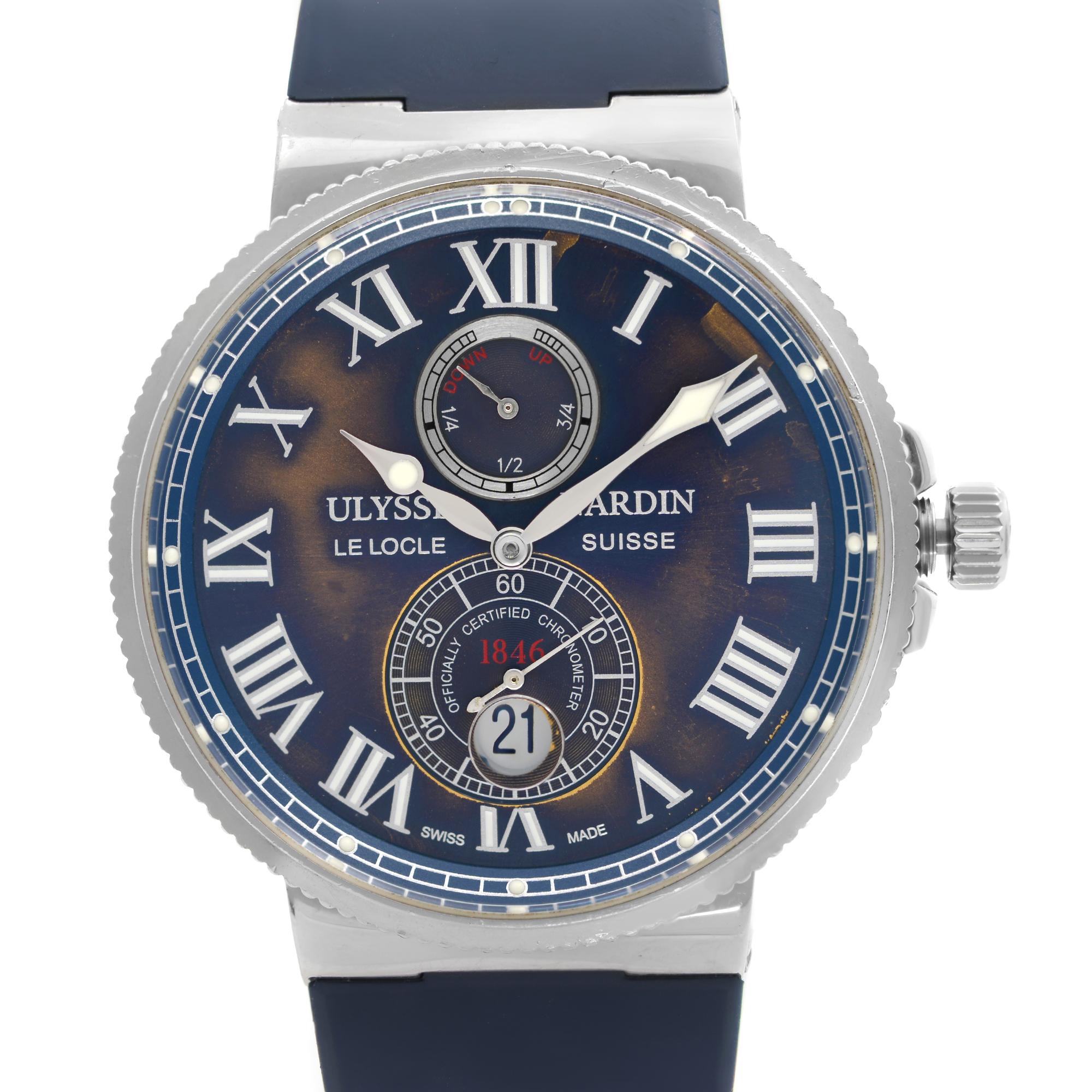 Pre-Owned Ulysse Nardin Maxi Marine Stainless Steel Blue Dial Automatic Men's Watch 263-67-3/43. The Timepiece is powered by an Automatic Movement. This Beautiful Timepiece Features: Polished Steel Case and Two-Piece Blue Rubber with Titanium