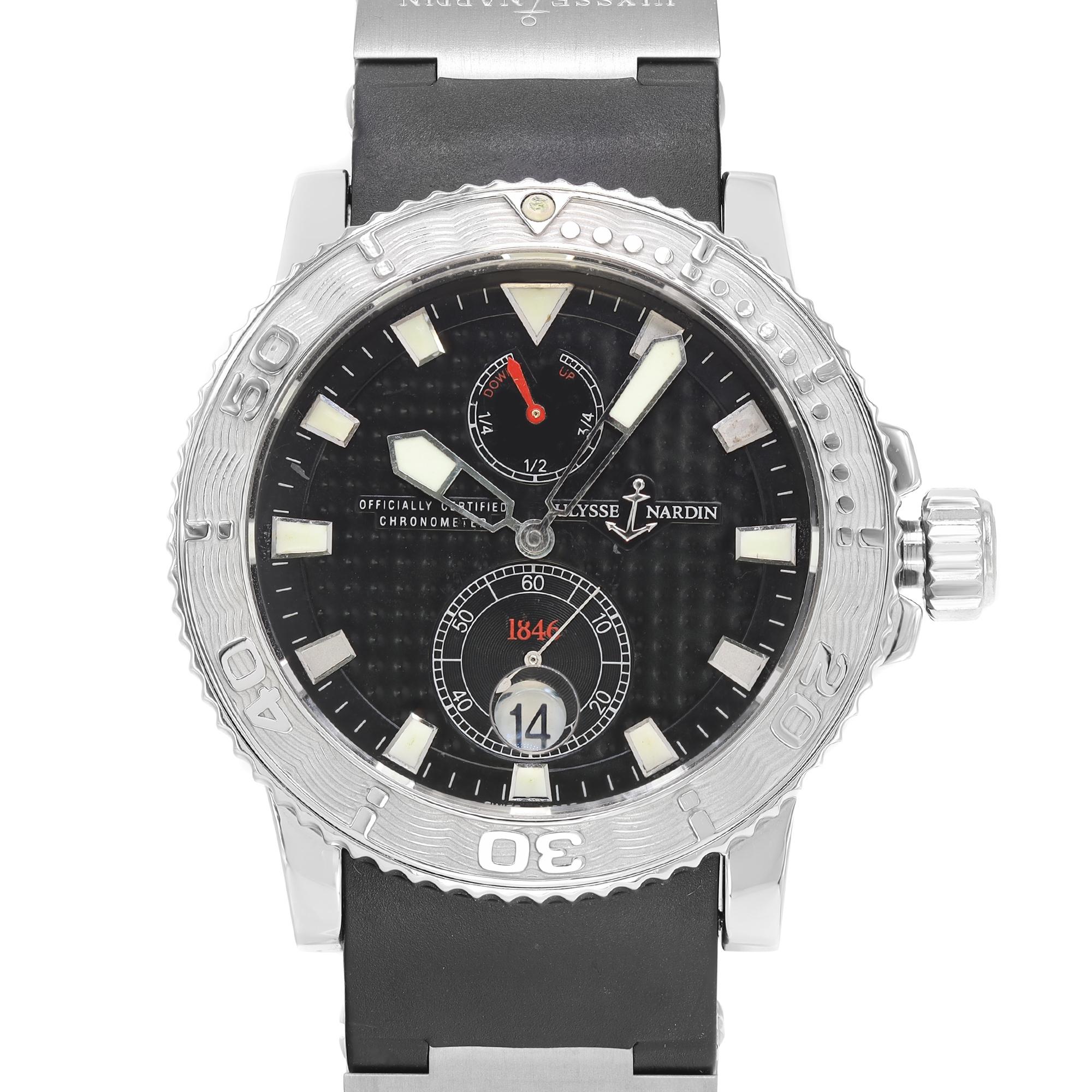 Gebraucht Ulysse Nardin Maxi Marine Diver Stahl Schwarzes Zifferblatt Automatische Herrenuhr 263-33-3/92. Beschädigt auf der Gangreserve Subdial und Red Hand. Schmutz, Kleber und Flecken zusammen mit den Zeigern und Stundenmarkierungen. Mikrokratzer