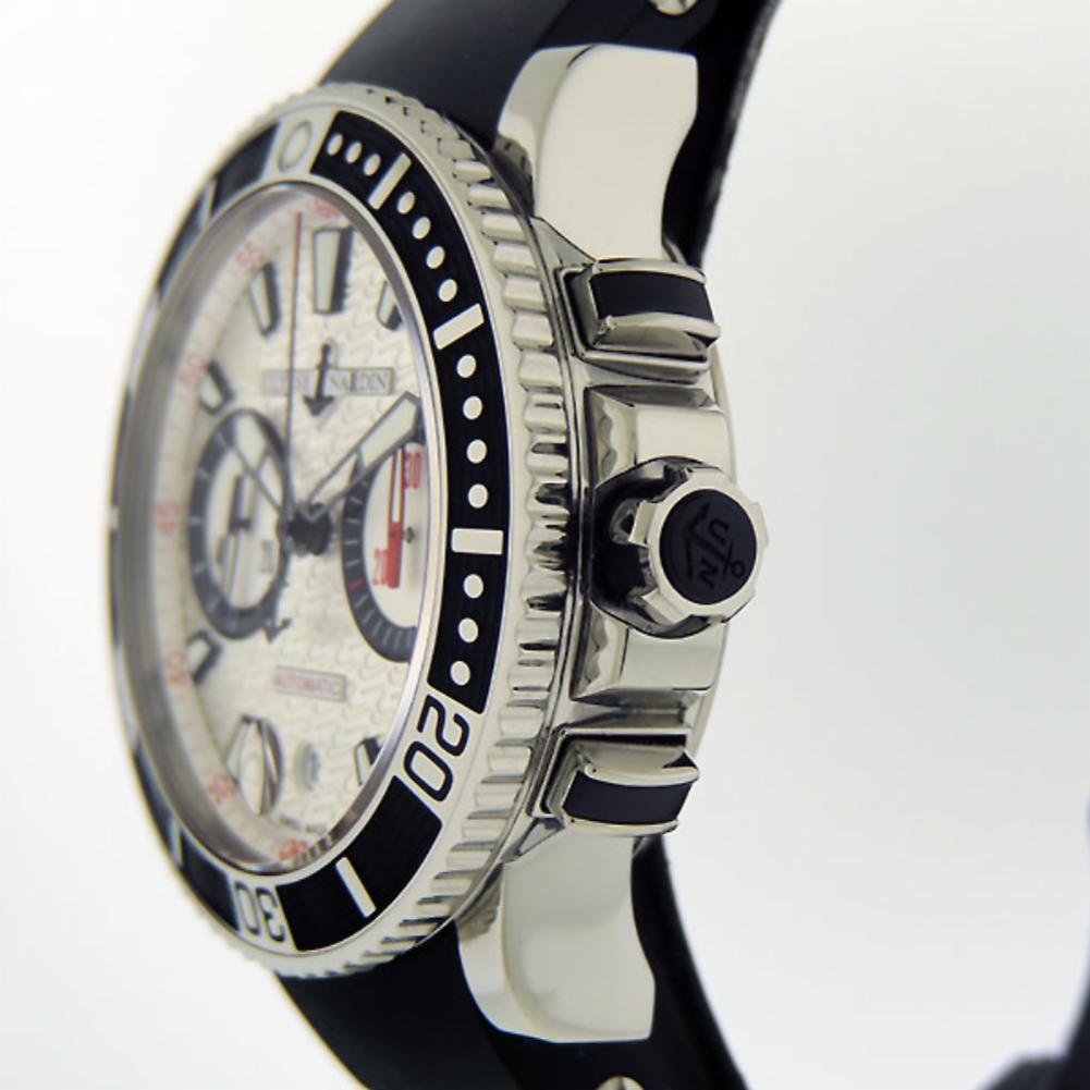 Ulysse Nardin Maxi Marine Reference #:0. Ulysse Nardin Maxi Marine Diver in polished Stainless Steel case measuring 42.7mm in diameter. Unidirectional rotating polish steel bezel with black rubber type inlaid segments. Automatic self winding