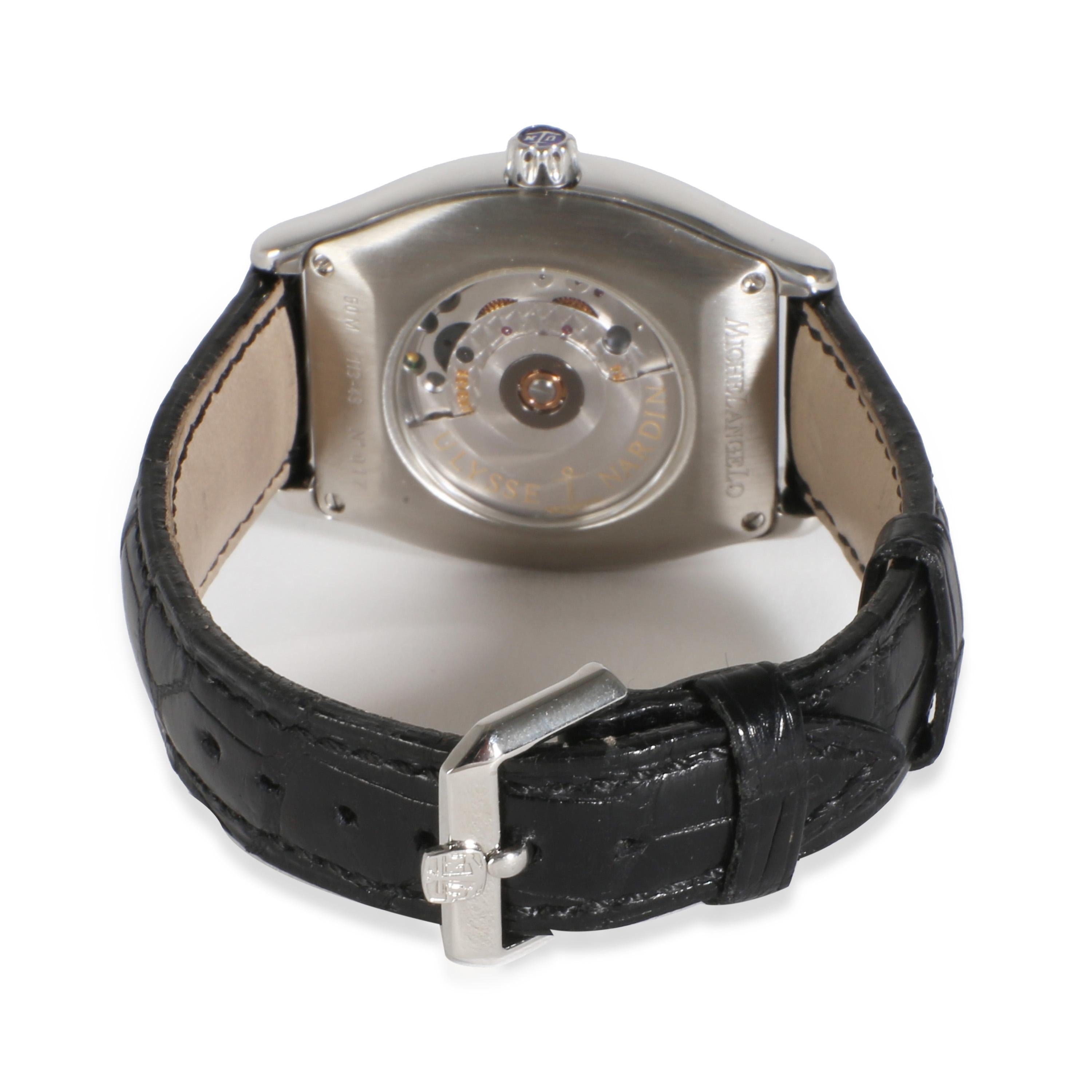 Ulysse Nardin Michelangelo 113-48 Unisex Watch in  Stainless Steel

SKU: 119372

PRIMARY DETAILS
Brand: Ulysse Nardin
Model: Michelangelo
Country of Origin: Switzerland
Movement Type: Quartz: Automatic/Kinetic
Year of Manufacture: