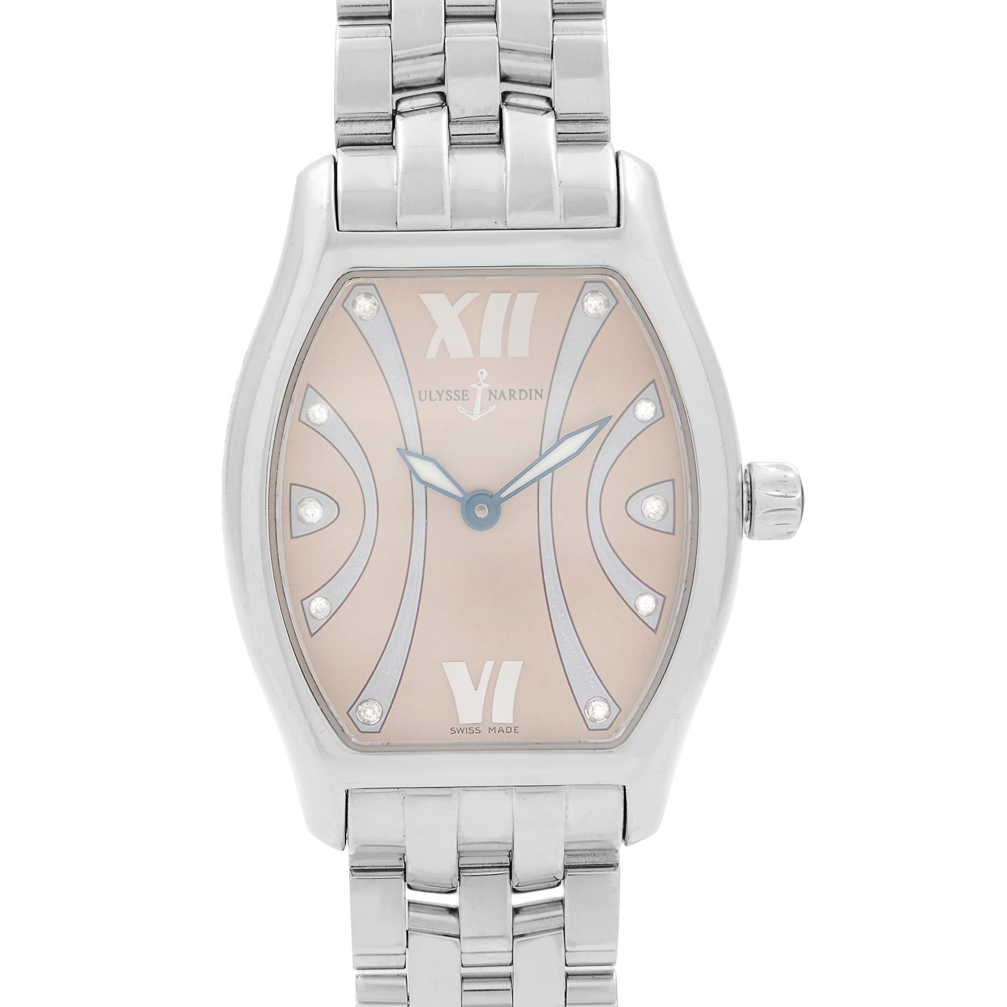 Pre Owned Ulysse Nardin Michelangelo Art Deco Style Steel Brown Diamond Dial Ladies Watch 103-48. Shows Some Wear This Beautiful Timepiece Features: Stainless Steel Case & Bracelet, Fixed Stainless Steel Bezel, Copper Dial with Luminous Silver-Tone
