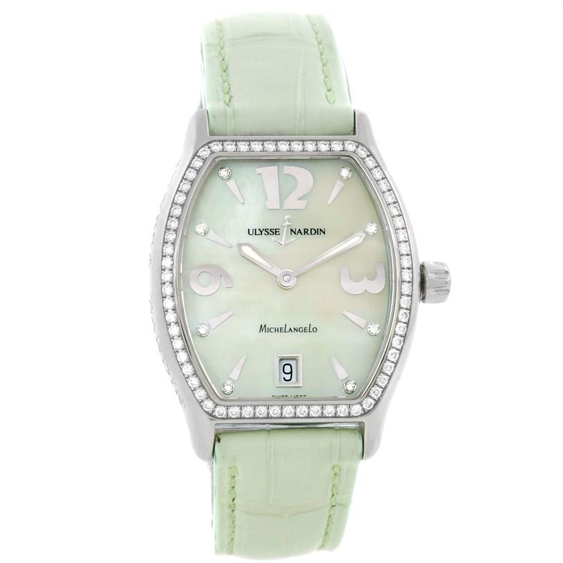 Ulysse Nardin Michelangelo Midsize Steel Diamond Watch 113-48 Unworn. Automatic self-winding movement. Stainless steel case 32.0 x 34.00 mm. Exhibition case back. Scratch resistant sapphire crystal. Mint green mother-of-pearl dial with diamond hour