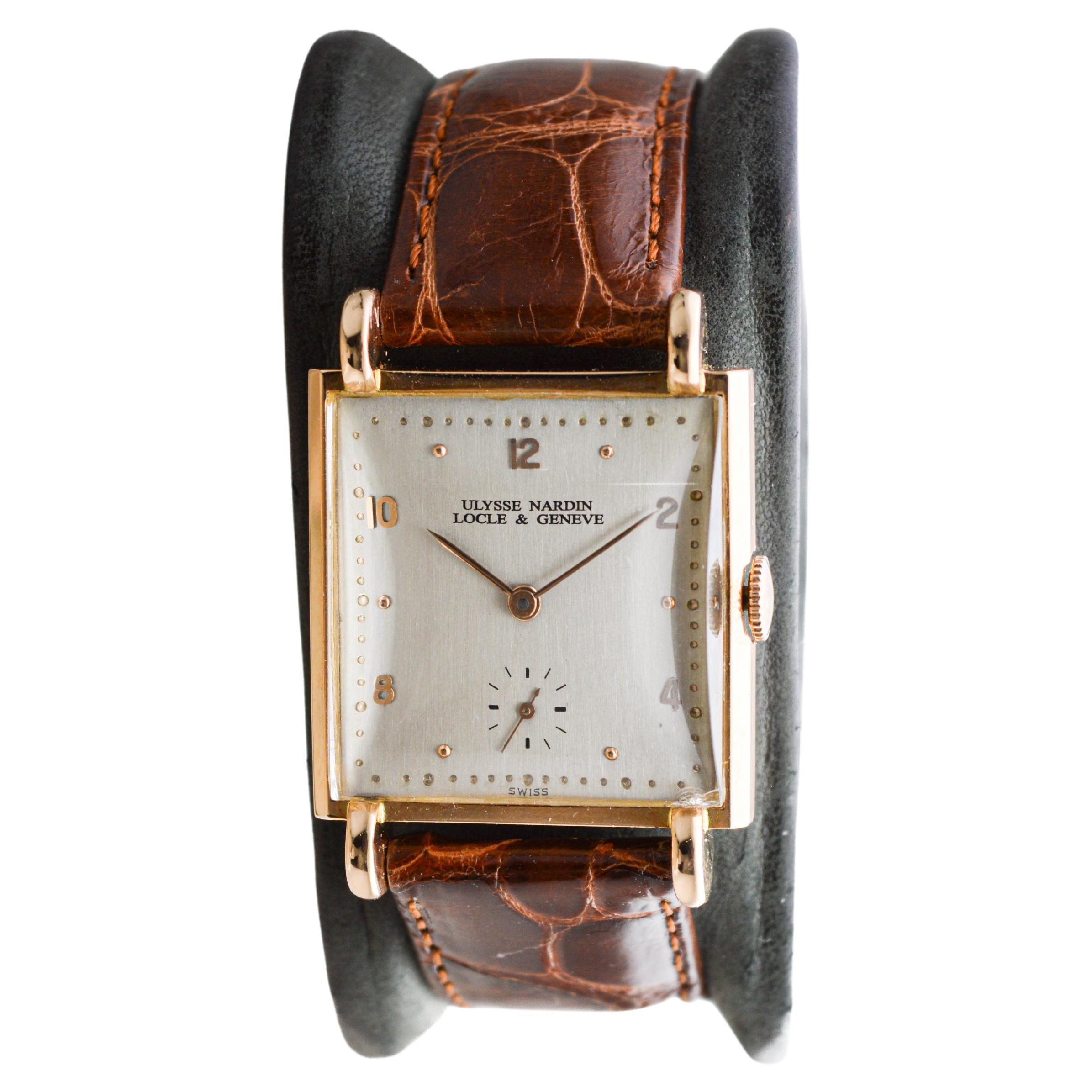 Ulysse Nardin Rose Gold Art Deco Original Crystal and Crown Manual Watch For Sale 3
