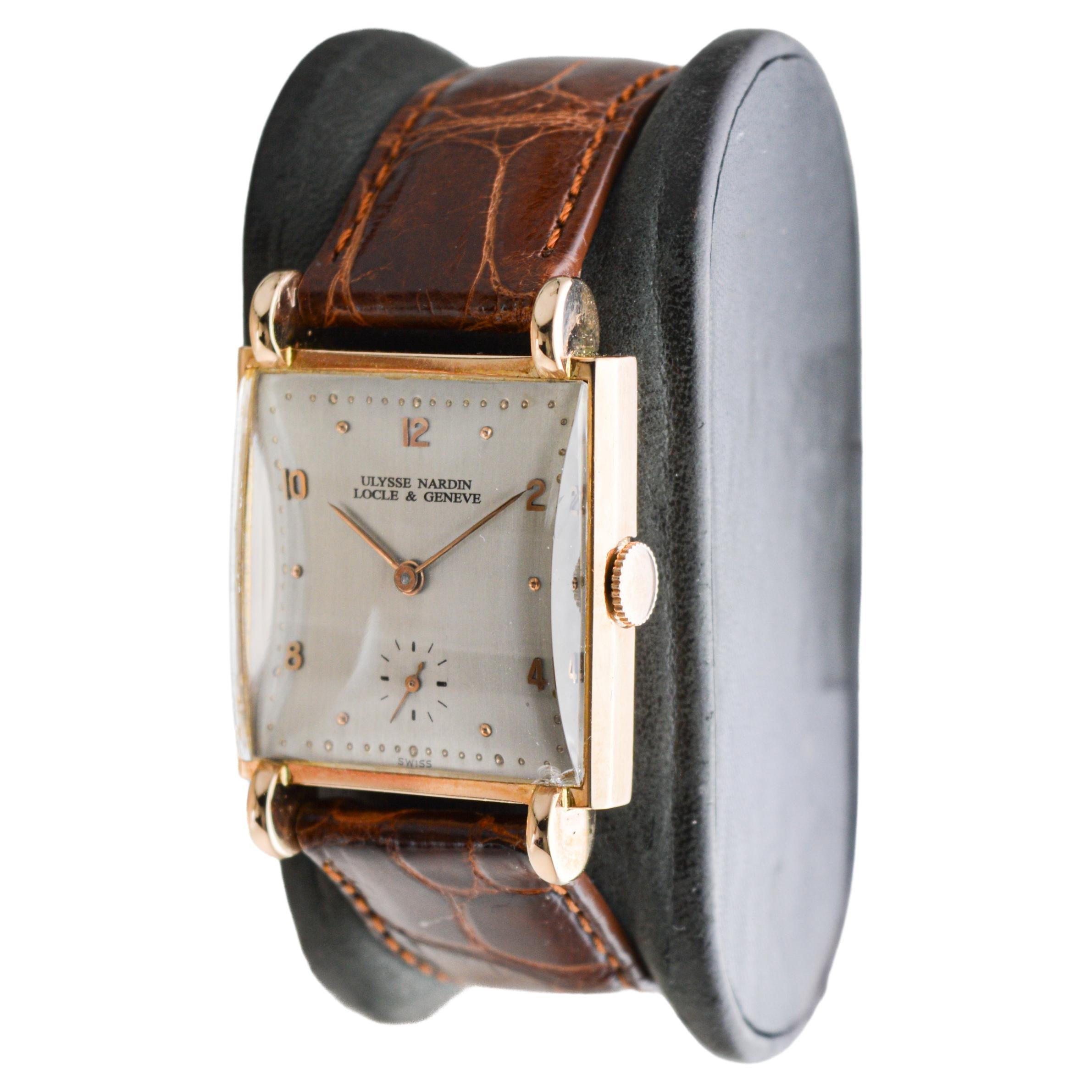 Ulysse Nardin Rose Gold Art Deco Original Crystal and Crown Manual Watch For Sale 4