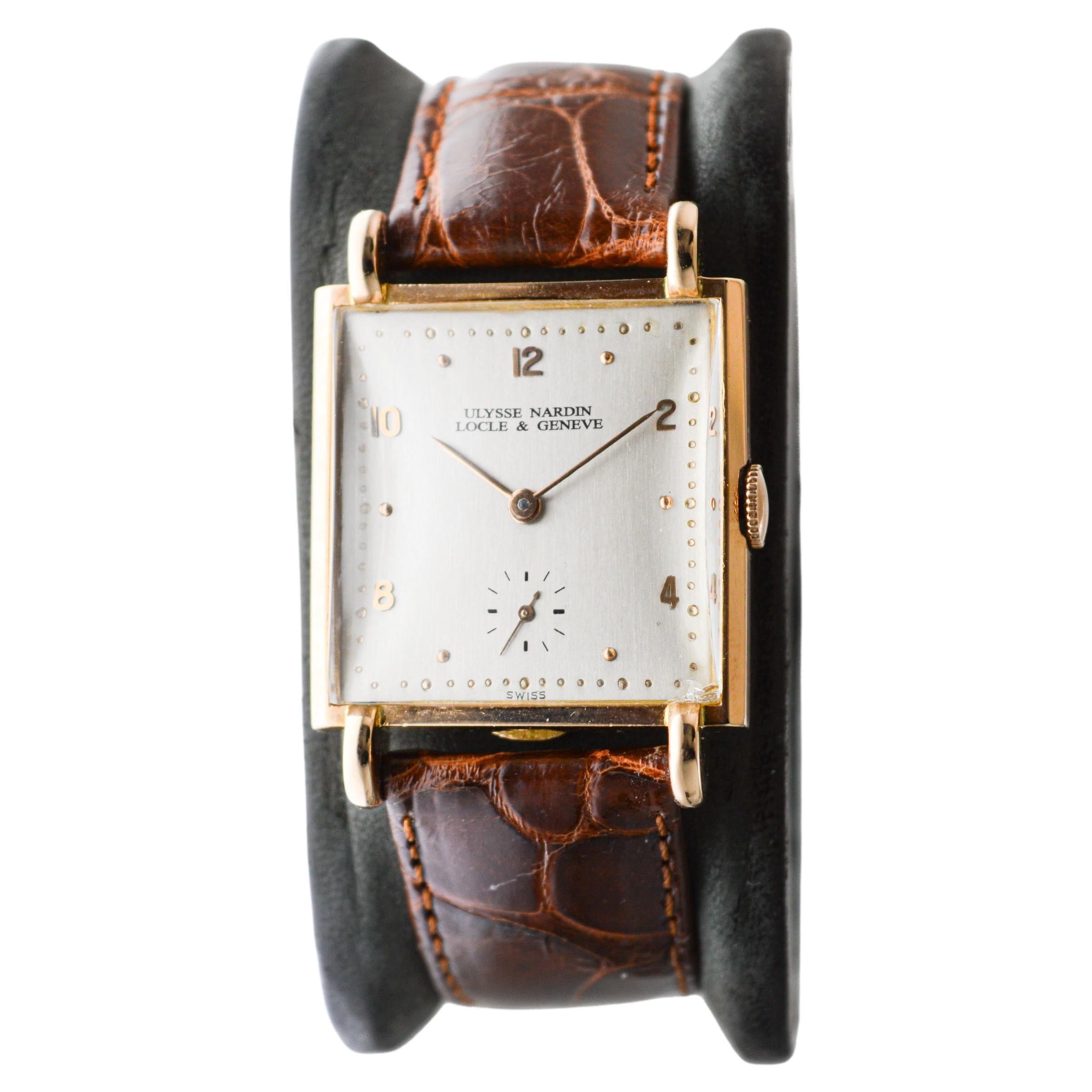 Ulysse Nardin Rose Gold Art Deco Original Crystal and Crown Manual Watch For Sale
