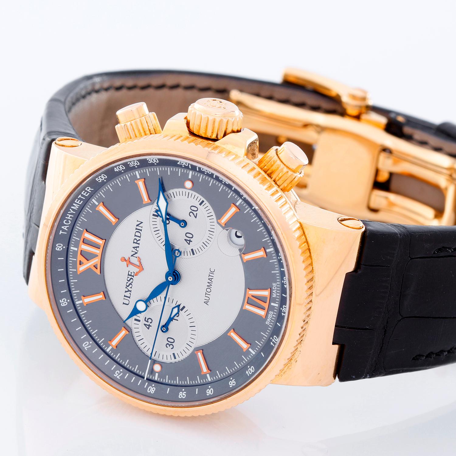 Ulysse Nardin Maxi Marine Chronograph Mens Watches - Automatic winding. 18K Rose gold  ( 41 mm ) . Two-toned dial in silver and slate gray with Roman numeral index hour markers . Black Ulysse Nardin with 18K rose gold deployant clasp . Pre-owned
