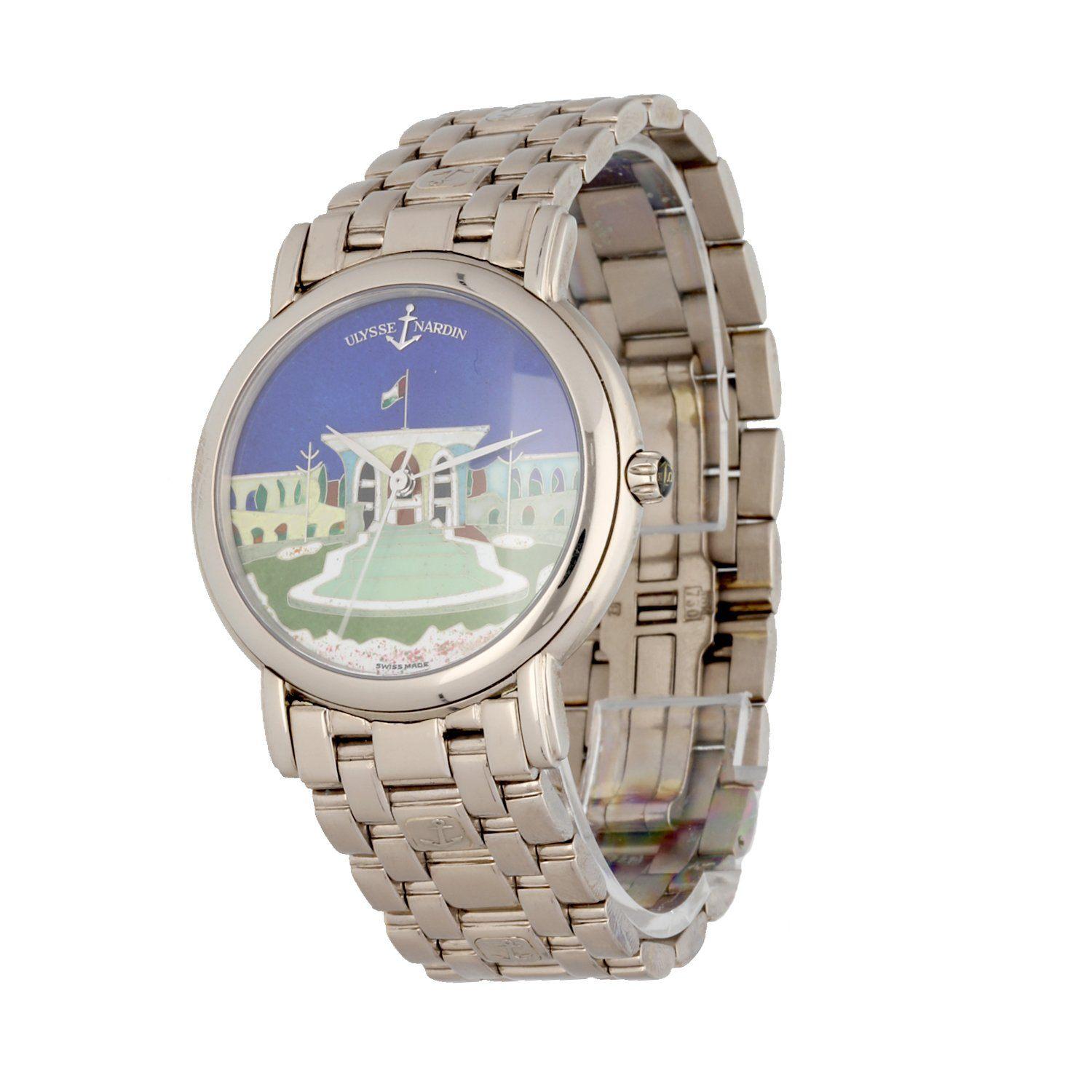 Ulysse Nardin San Marco 130-77-9 men's watch. 37MM 18K white gold case with 18K white gold smooth bezel. Multi color enamel cloisonne dial with white gold hands. Rare and solid 18K white goldÂ Ulysse Nardin's removable bracelet with 18K white gold