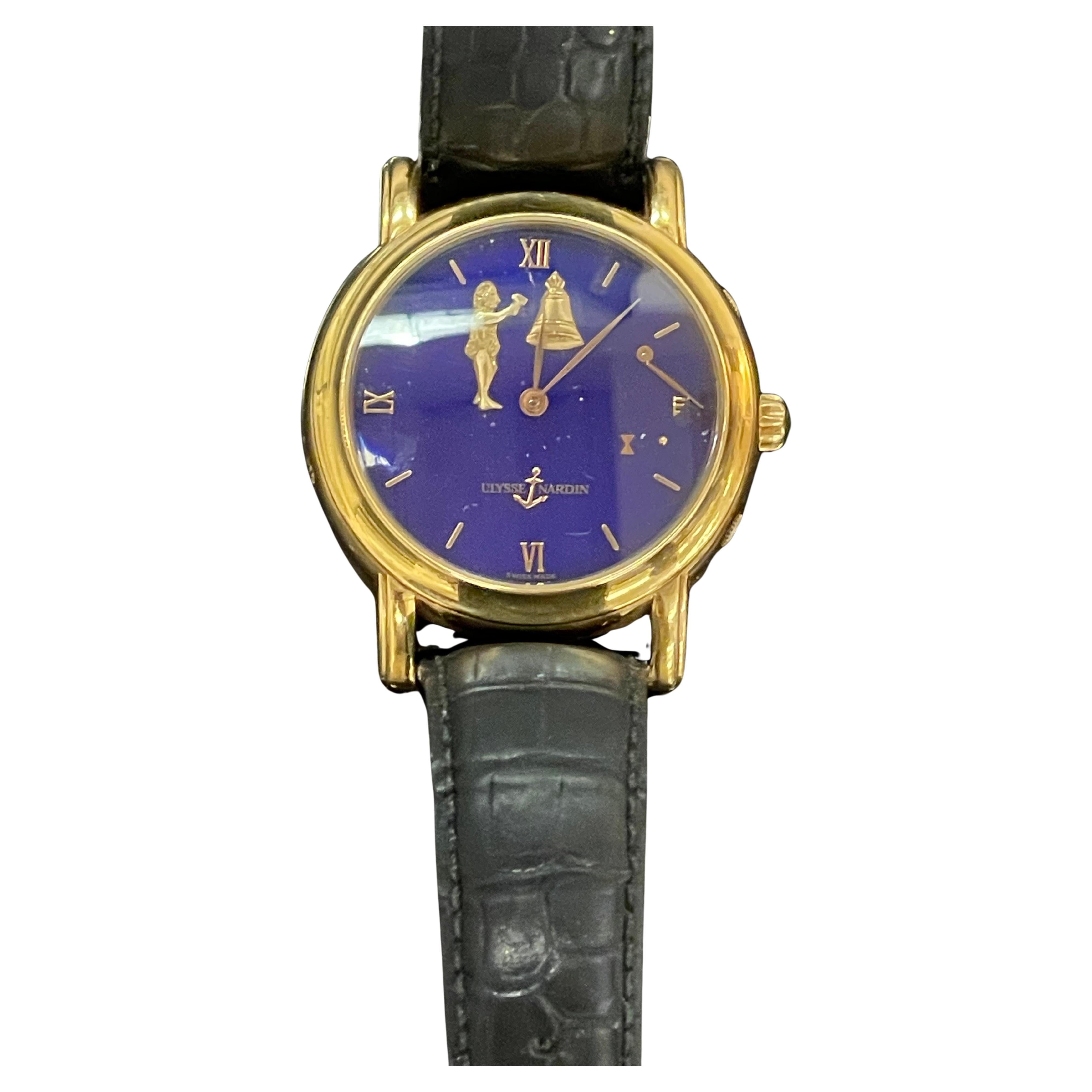 ULYSSE NARDIN San Marco Hour Striker, Box and With Papers

Model number : 756-22
Watch number : 33
Material: 18KT Gold
Dial: Blue Enamel Guilloche Dial.
Case diameter: 40mm.
Thickness: 13.5mm. 
Total weight: 113g.
Wrist size: 7-7.5 inches
Features :