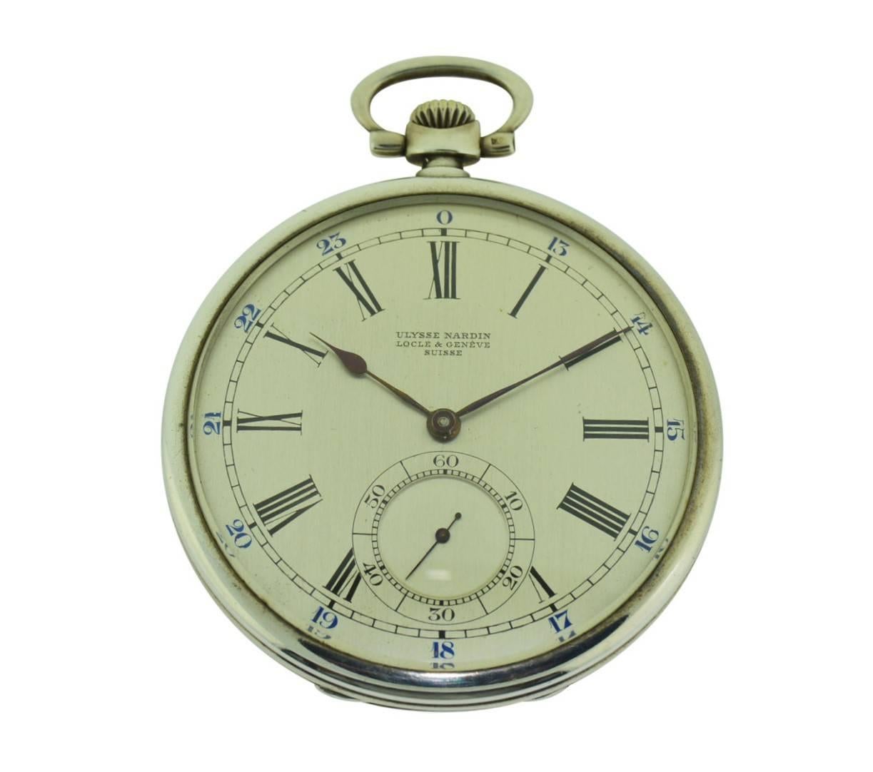 FACTORY / HOUSE: Ulysse Nardin Watch Company
STYLE / REFERENCE: Open Faced Pocket Watch
METAL / MATERIAL: Silver Niello
CIRCA: 1929
DIMENSIONS: 48mm Diameter
MOVEMENT / CALIBER: Manual Winding / 17 Jewels / 17 Lignes
DIAL / HANDS: Original Silvered