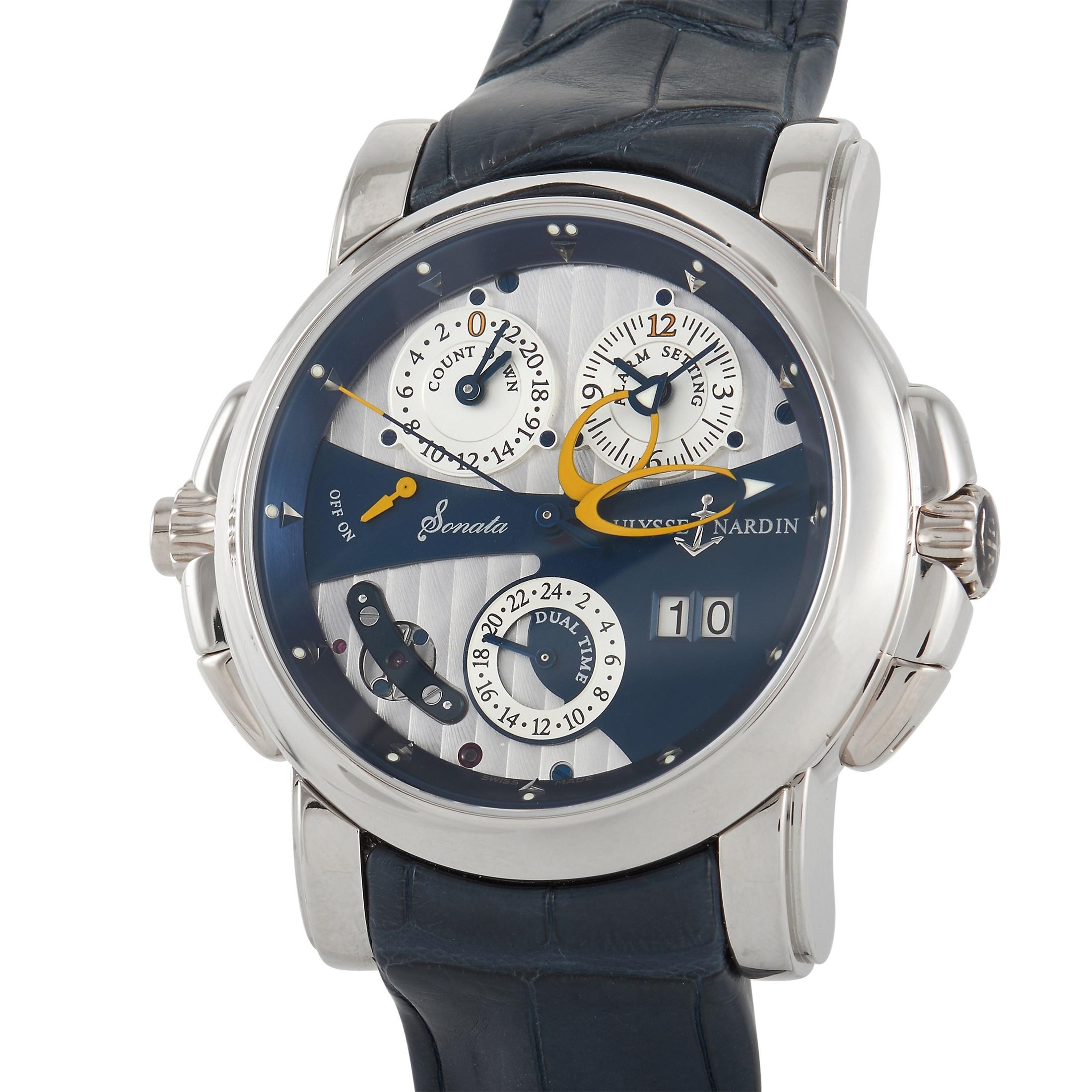Complex complications but intuitive to use, that is the promise of this impressive Ulysse Nardin Sonata Cathedral Dual Time Watch 660-88. This timepiece features a big date complication that can easily be accessed through the left-hand crown. The