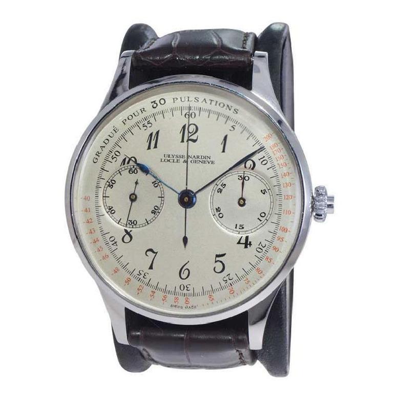 FACTORY / HOUSE: Ulysse Nardin Watch Company
STYLE / REFERENCE: Oversized Chronograph
METAL / MATERIAL: Stainless Steel 
CIRCA / YEAR: 1940's
DIMENSIONS / SIZE: Length 54mm x Diameter 44mm
MOVEMENT / CALIBER: Manual Winding / 17 Jewels / Valjoux