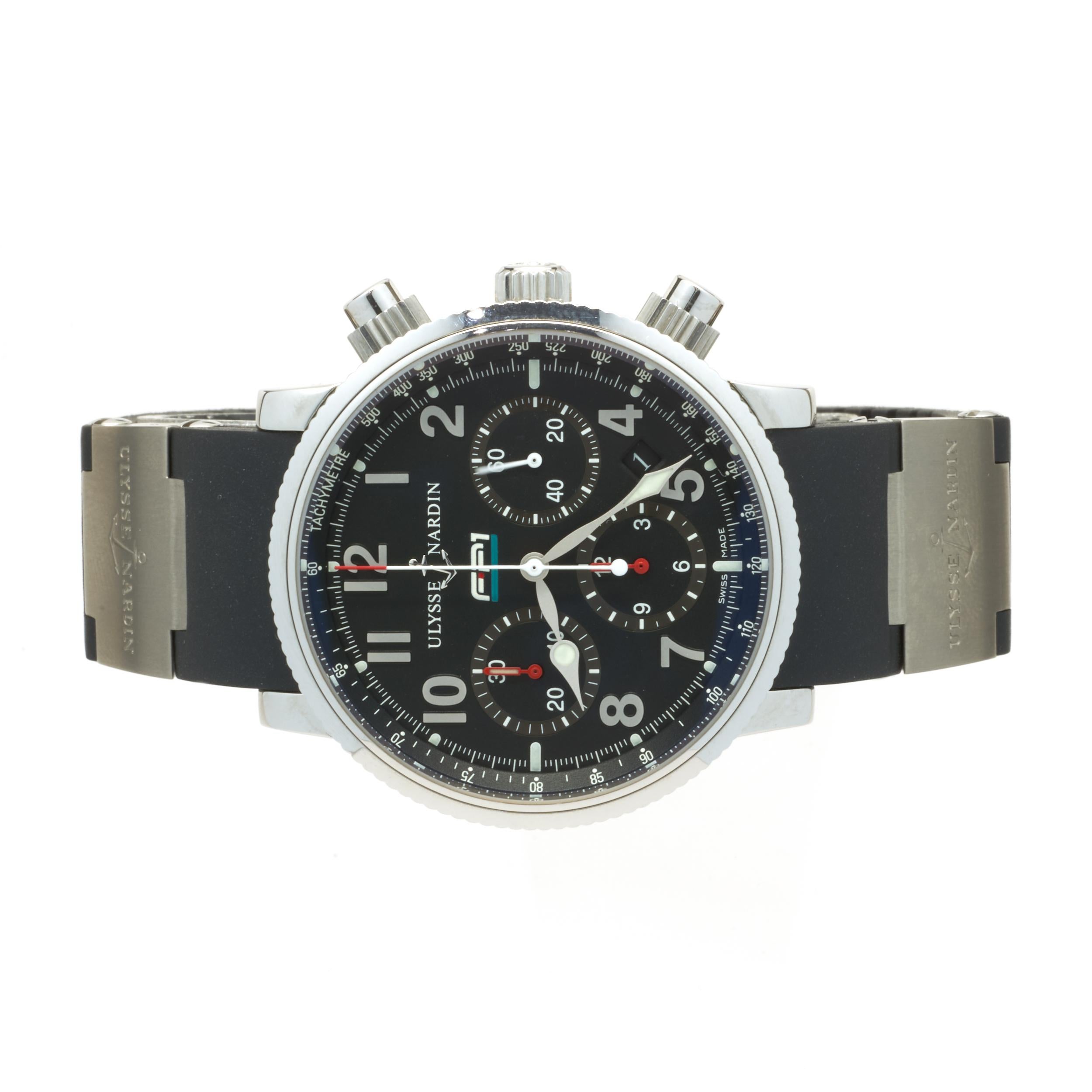 Movement: automatic
Function: hours, minutes, seconds, date, chronograph
Case: 40mm stainless steel case, sapphire crystal, screw down crown
Band: black rubber strap, deployment clasp 
Dial: black chronograph arabic dial
Serial#: XXX/110
Reference#: