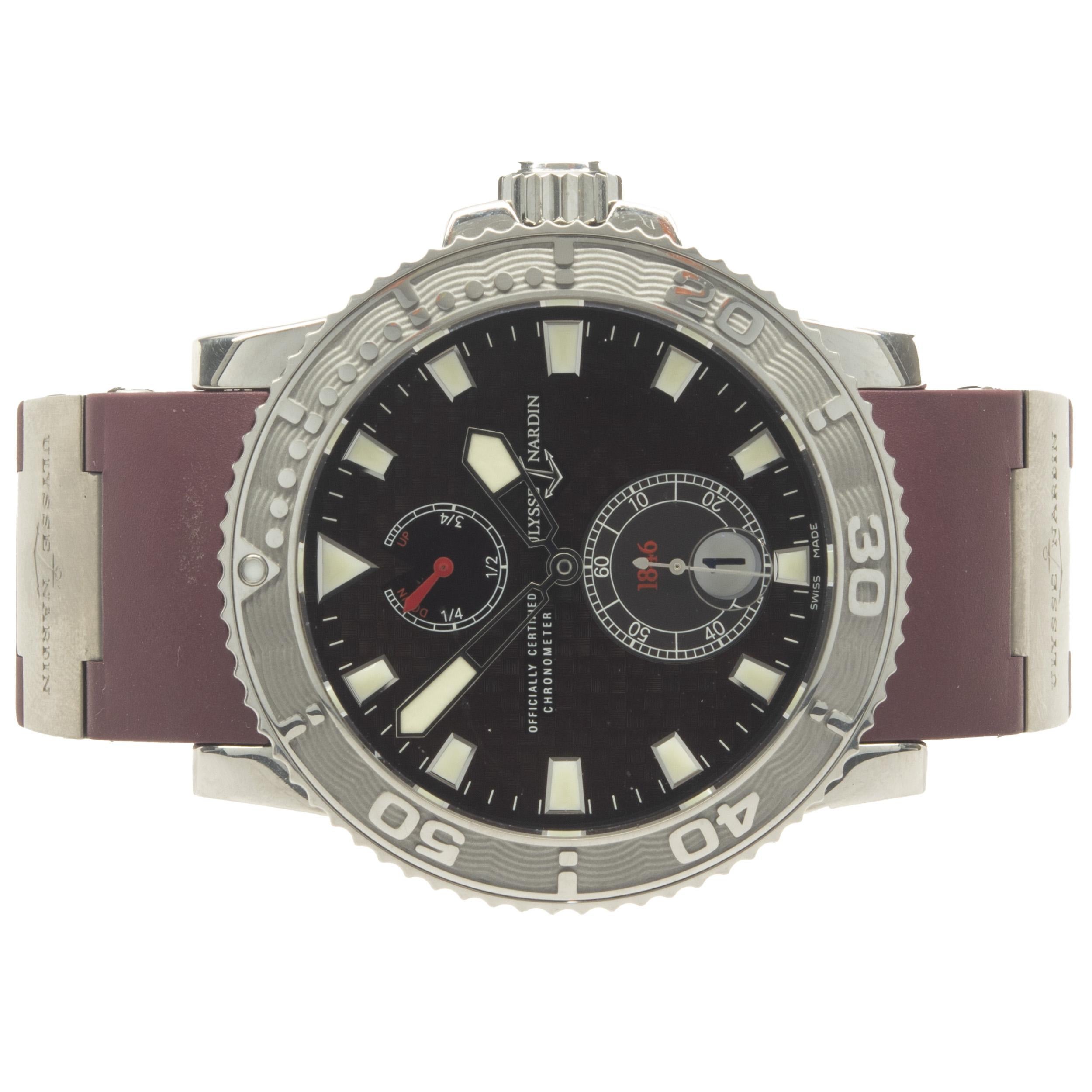 Movement: automatic
Function: hours, minutes, seconds, date, uni-directional rotating bezel
Case: 42.7mm stainless steel round, sapphire crystal, screw down crown
Band: maroon rubber strap, deployment clasp
Dial: maroon stick
Serial#: No