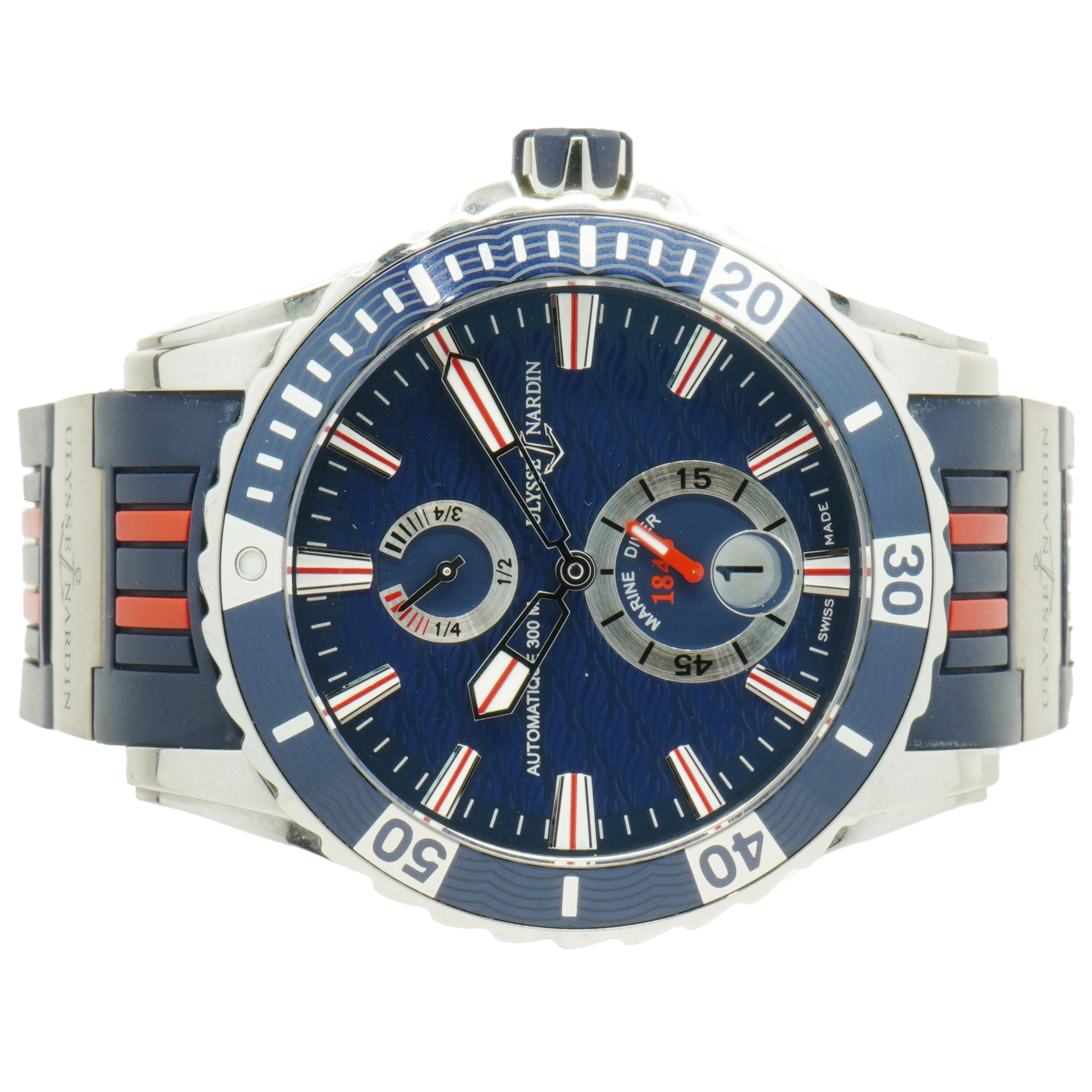 Movement: automatic
Function: hours, minutes, seconds, date, prindicator chronometer, 42 hour power reserve
Case: 44mm stainless steel case, sapphire crystal, screw down crown
Band: blue and red rubber strap, deployment clasp  
Dial: blue