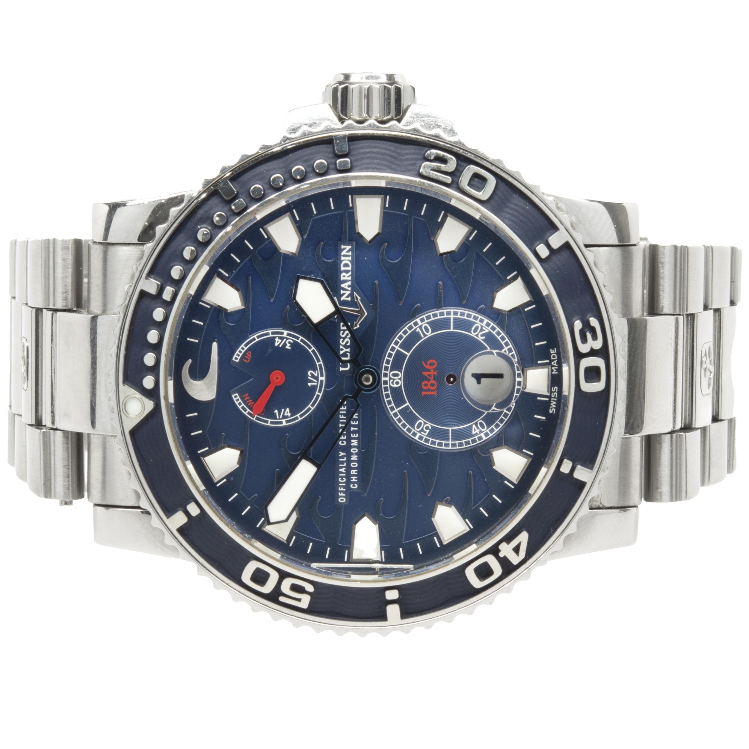 Movement: automatic
Function: hours, minutes, date, sub seconds
Case: 42mm stainless steel case, sapphire crystal, screw down crown
Band: stainless steel bracelet, deployment clasp 
Dial: blue wave motif
Serial#: 1XXX
Reference#: 263-36


No box or