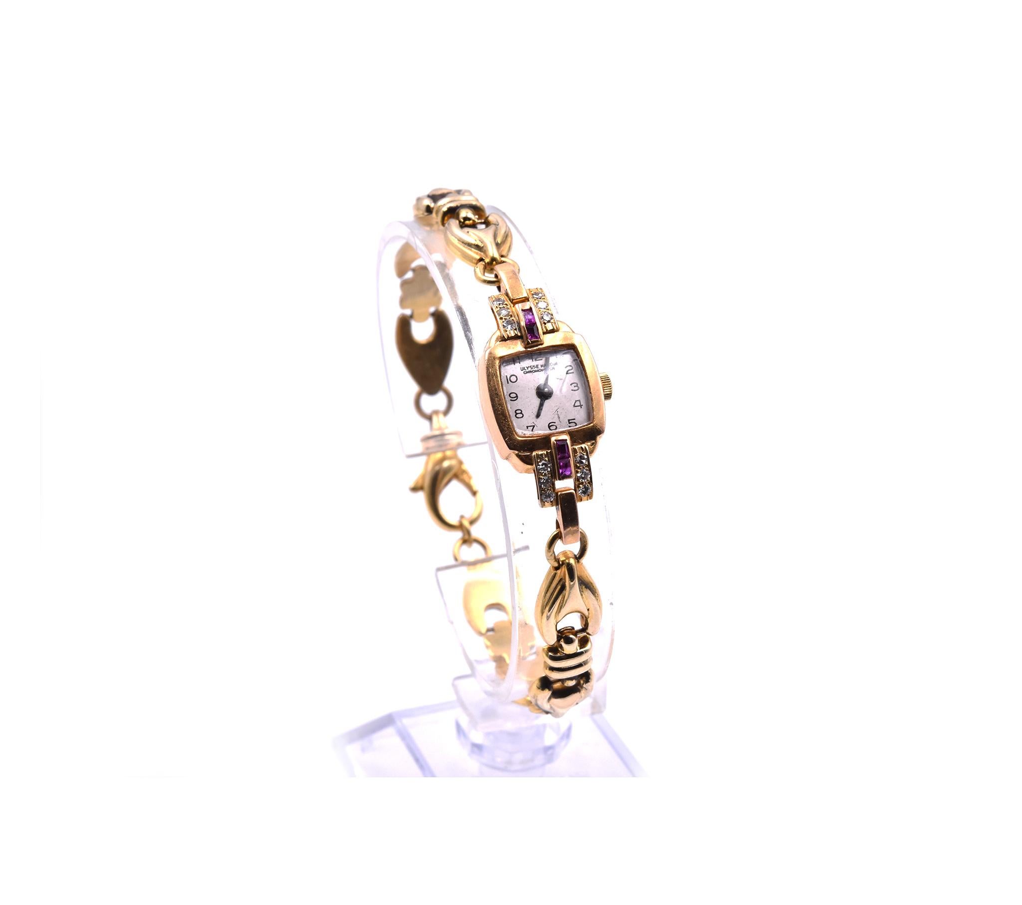 Movement: wind
Function: hours, minutes, small seconds
Case: cushion style 14mm by 18mm 14k yellow gold case, plastic crystal, pull/push crown
Band: 14k yellow gold bracelet with lobster clasp
Dial: silver dial with black Arabic numerals
Movement#: