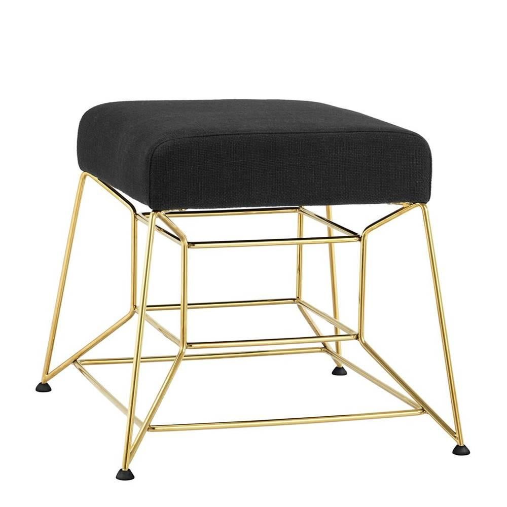 Stool Ulysse with base in stainless steel in
gold finish. With black panama fabric seat.
