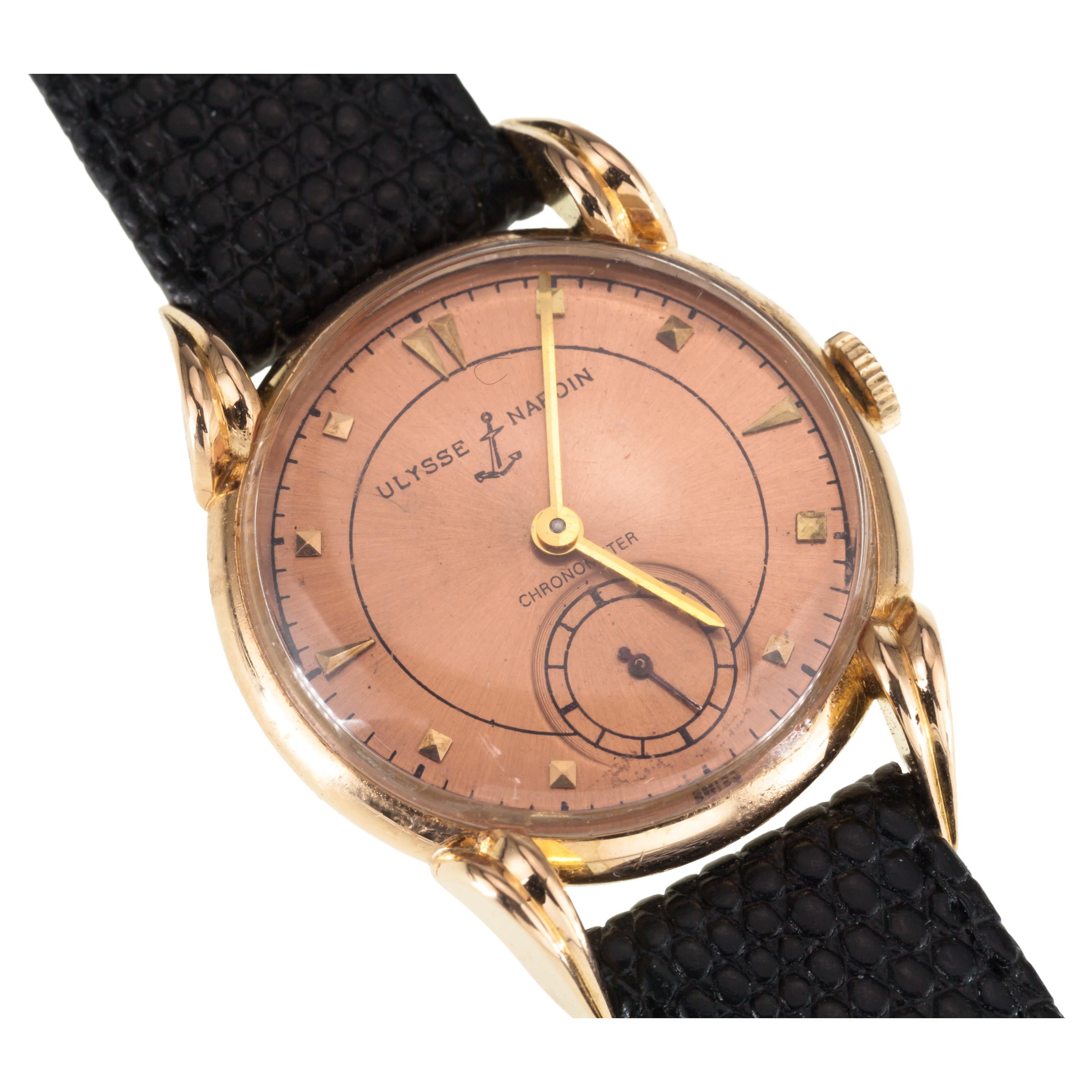 Ulysses Nardin 18k Rose Gold Chronometer Manual Wind Watch w/ Leather Band

Movement #512842
Case #623658
18k Rose Gold Case w/ Fancy Lugs

28 mm in Diameter (30 mm w/ Crown)
Lug-to-Lug Distance = 38 mm
Lug-to-Lug Width = 15 mm
Thickness = 9