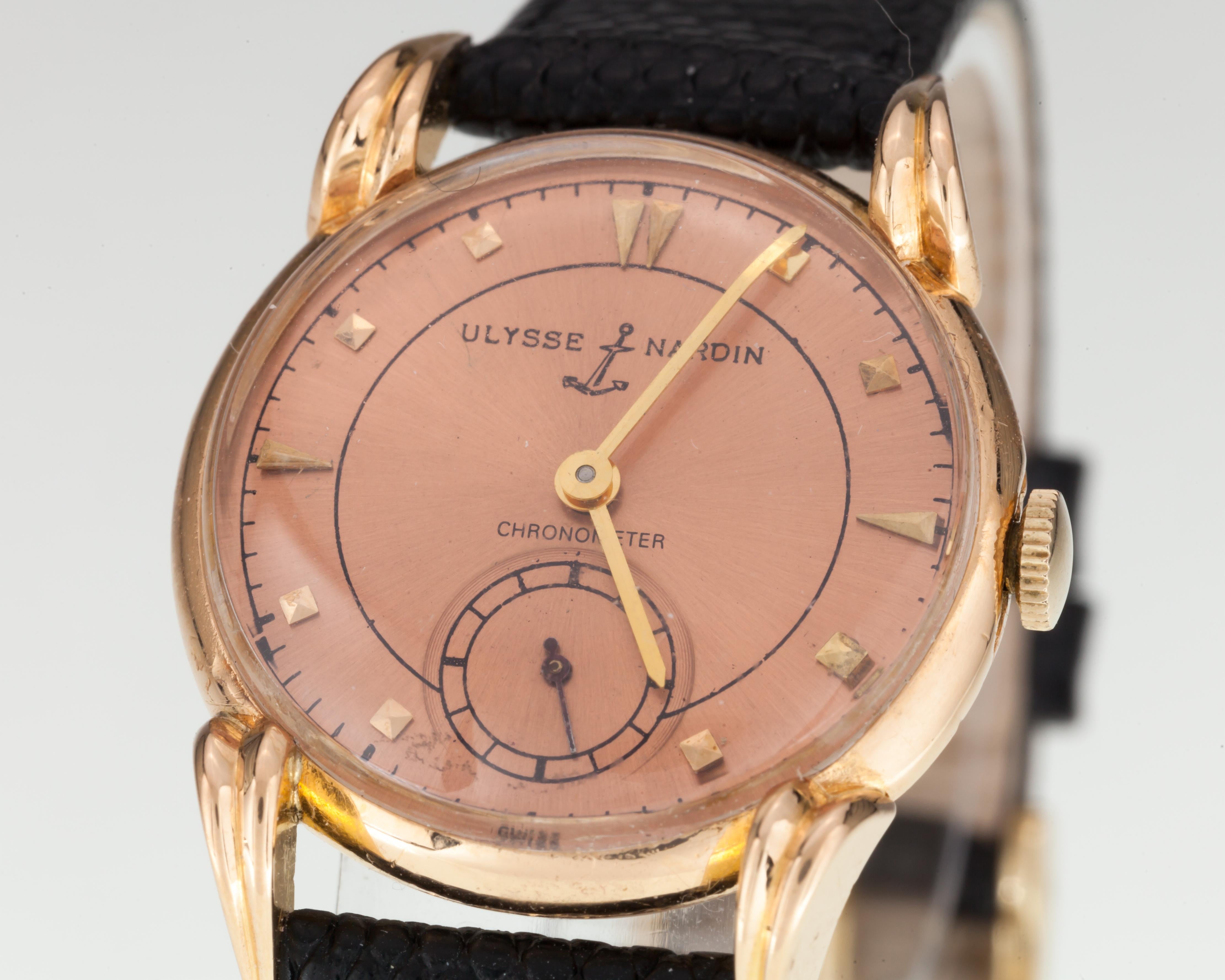 Art Deco Ulysses Nardin 18k Rose Gold Chronometer Manual Wind Watch w/ Leather Band For Sale