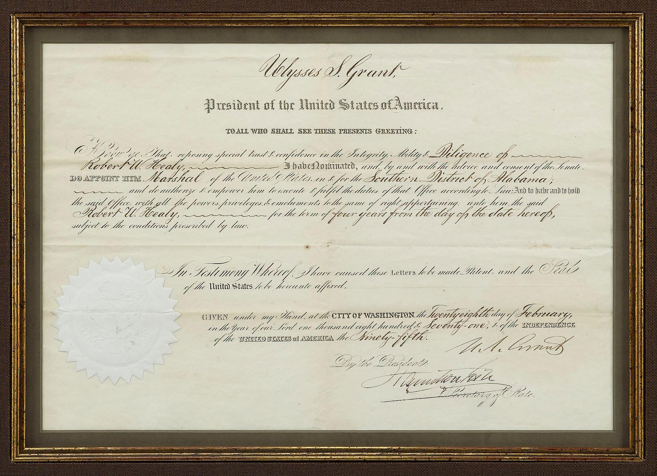 American Ulysses S. Grant Signed Presidential Appointment, Dated February 28, 1871