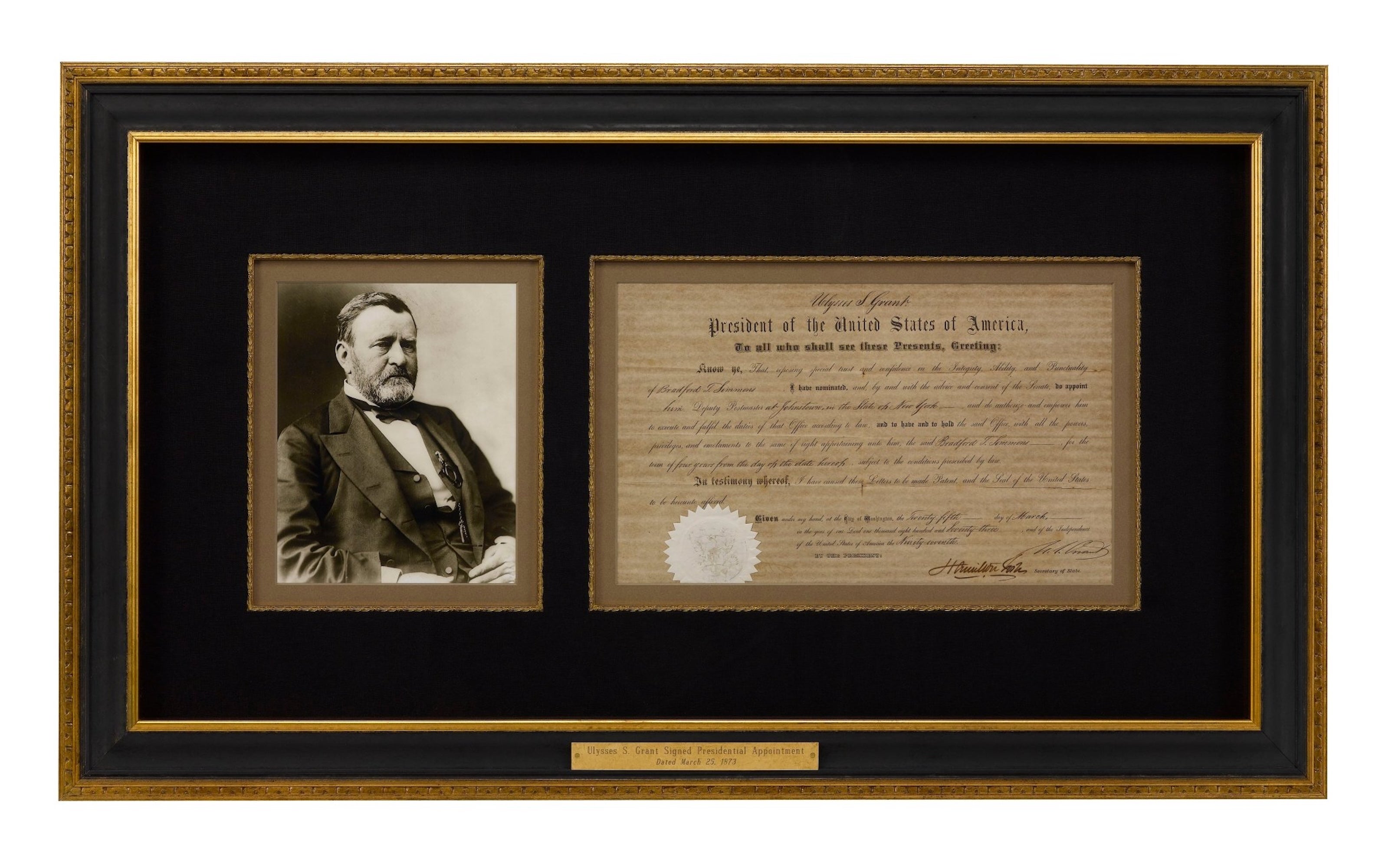 Ulysses S. Grant Signed Presidential Appointment, Dated March 25, 1873