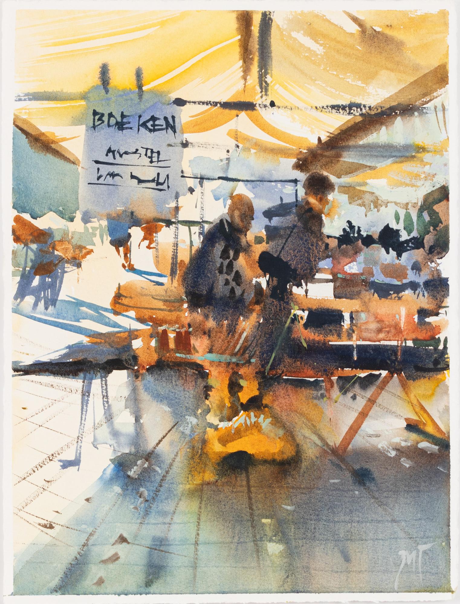 Uma Kelkar Landscape Painting - "Book Worms at the Flea Market" A Plein Air Painting of Shoppers in Amsterdam