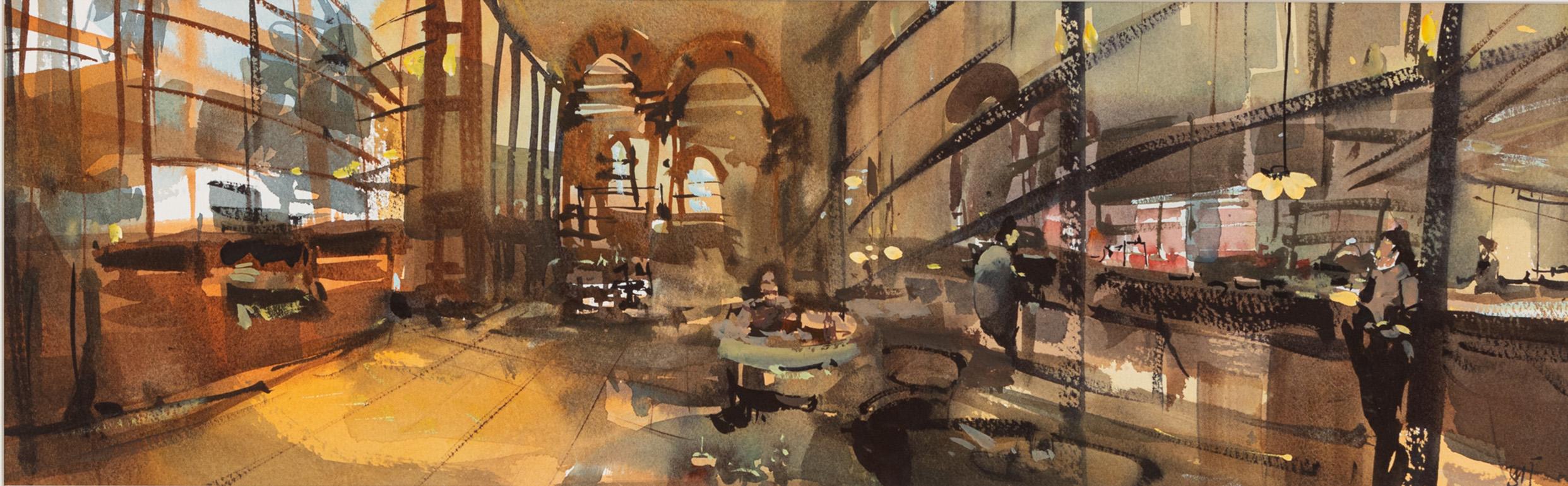 Uma Kelkar Landscape Painting - "Breakfast at Tiffany's" A Watercolor Painting of a Café in Mancester, UK