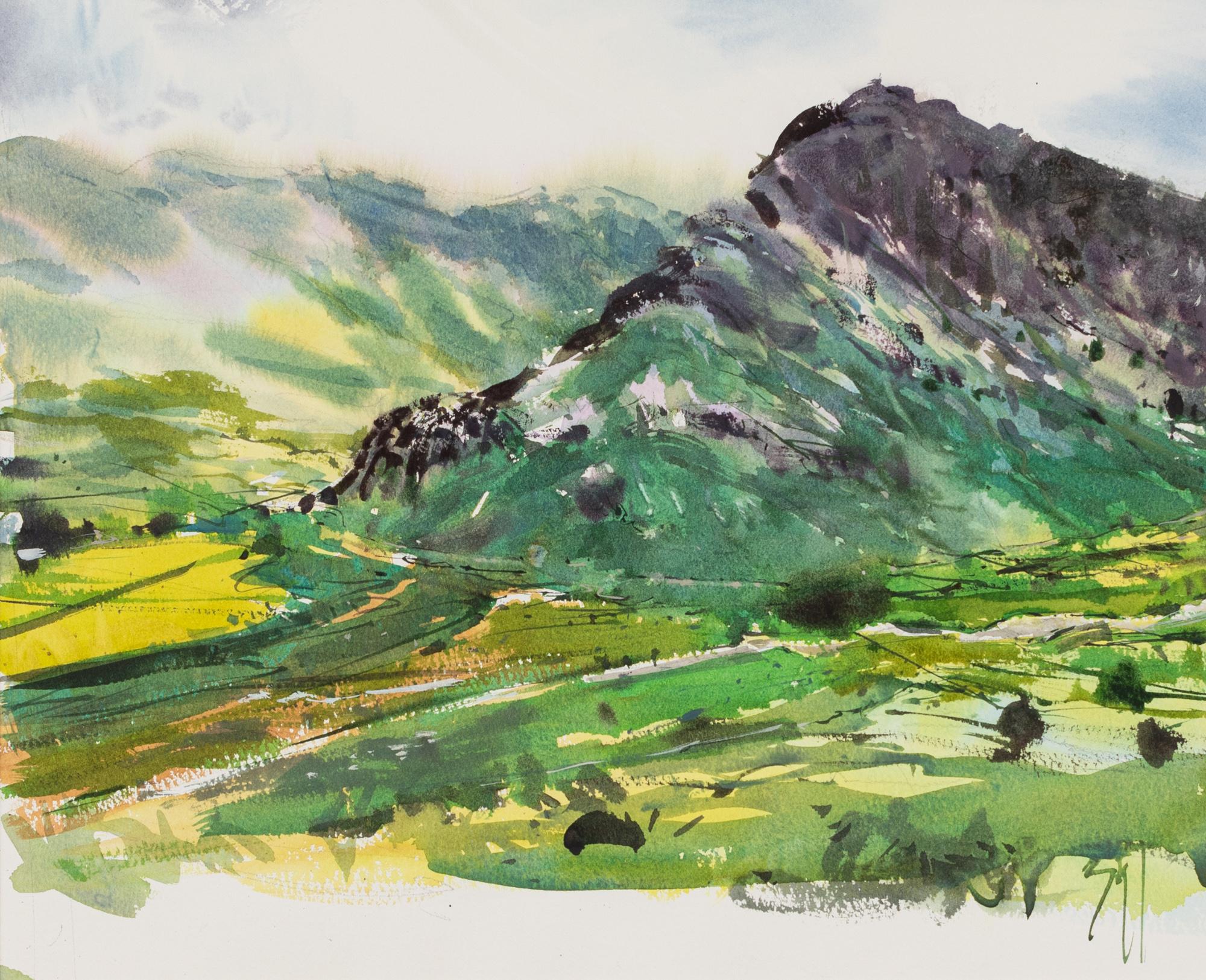 Uma Kelkar Landscape Painting - "Lake District 1" A Watercolor Painting of Gatesgarth Mountain Range in UK