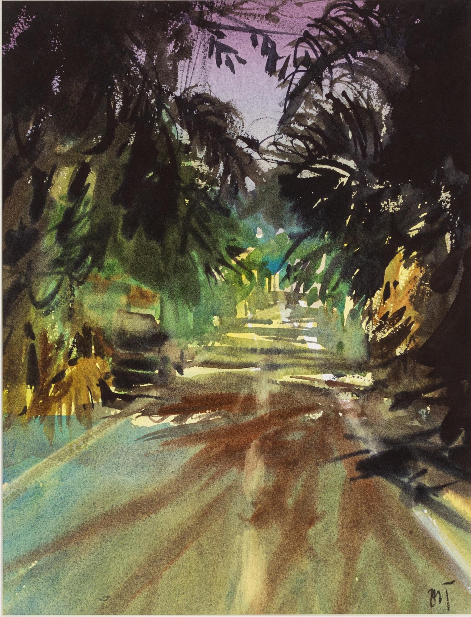 Uma Kelkar Landscape Painting – „Late Evening Stroll“ Ein Aquarellgemälde einer tropischen Straße in Pune, Indien