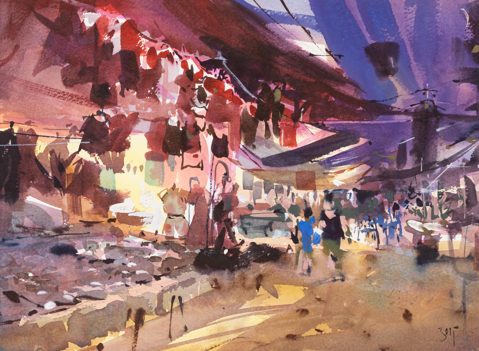 Uma Kelkar Landscape Painting - "Mercado in México" A Watercolor Painting of Outdoor Market Place in México