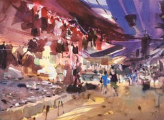 "Mercado in México" Peinture à l'aquarelle d'une place de marché en plein air à México