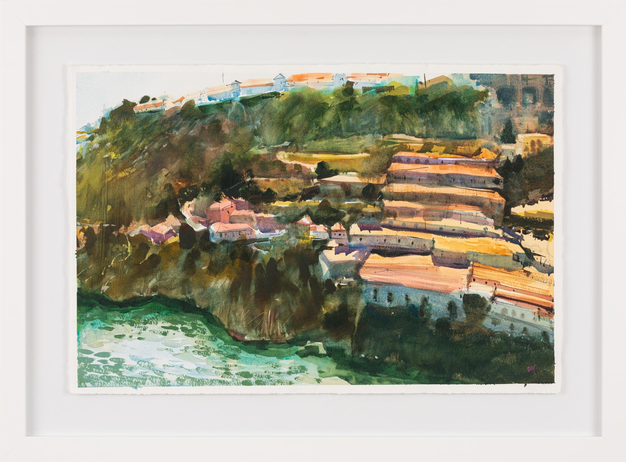 « Sunny Porto », une peinture à l'aquarelle des maisons de Cliff Side au Portugal - Painting de Uma Kelkar