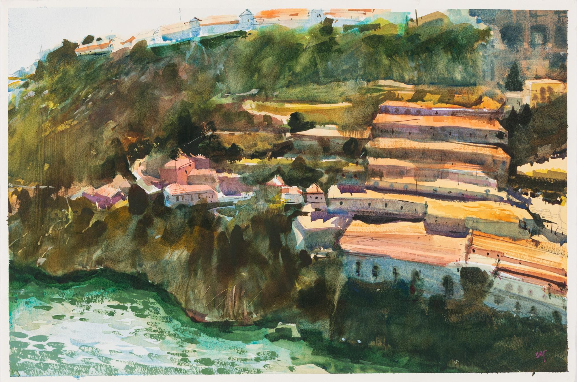 Uma Kelkar Landscape Painting - "Sunny Porto" A Watercolor Painting of Cliff Side Homes in Portugal
