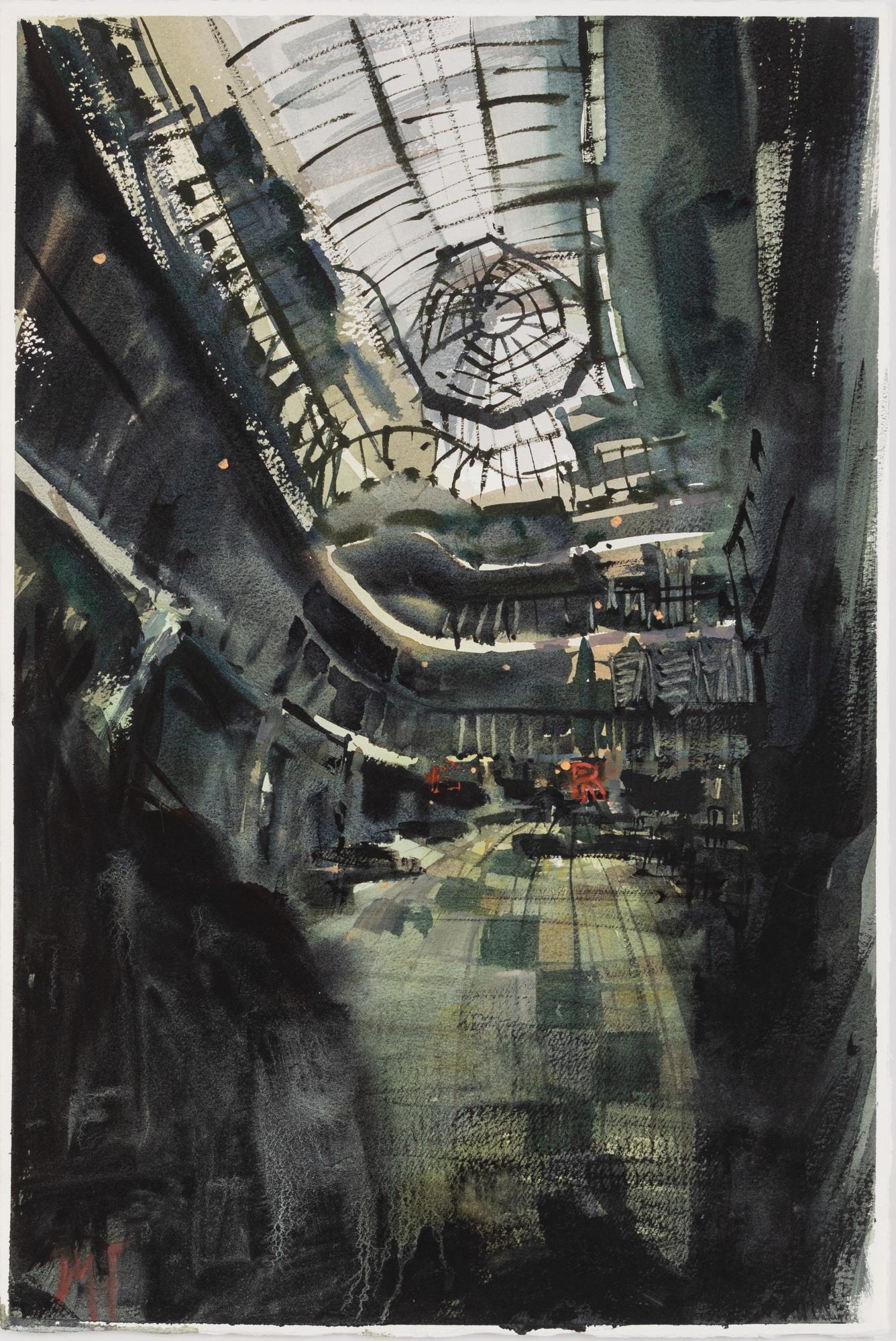 Uma Kelkar Landscape Painting - "The Dark Web of Malls" An Urban Watercolor Painting of Mall in Manchester, UK