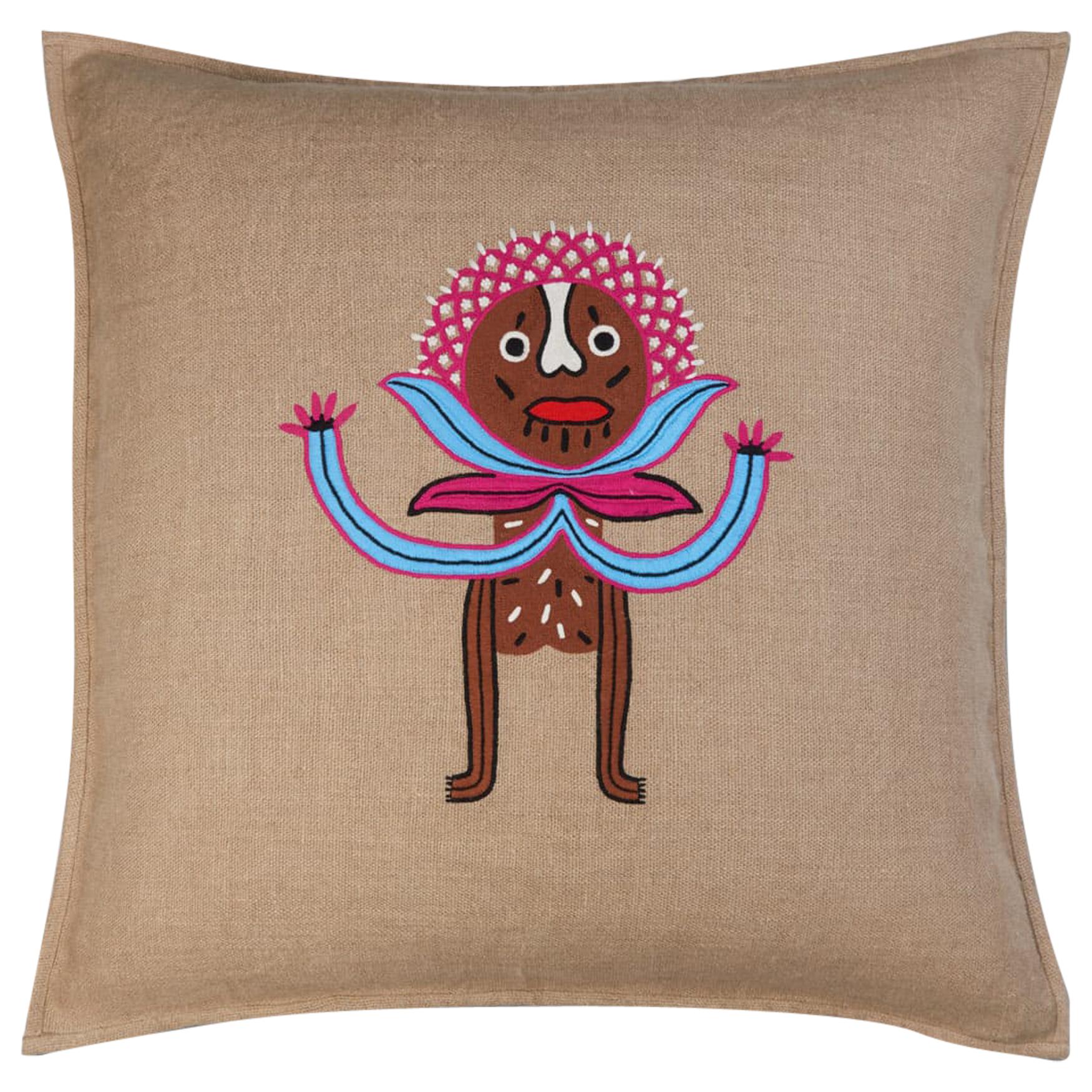 Umai Hand Embroidered Beige Linen Pillow Cover
