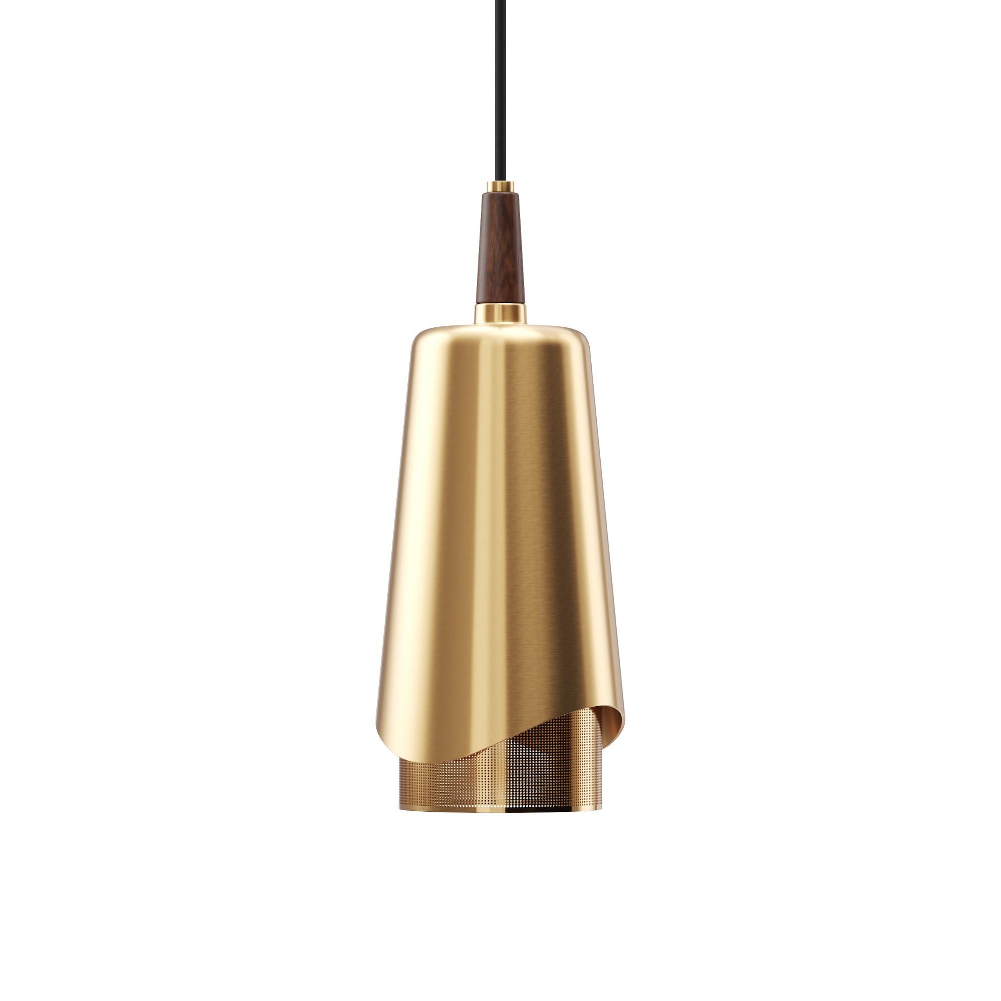 Designed by Arthur Umanoff, this eponymous pendant light shines a light on the contrasts created when perfectly symmetrical, geometric brass and walnut wood components meet. The suspended design emits downward light to illuminate surfaces with its