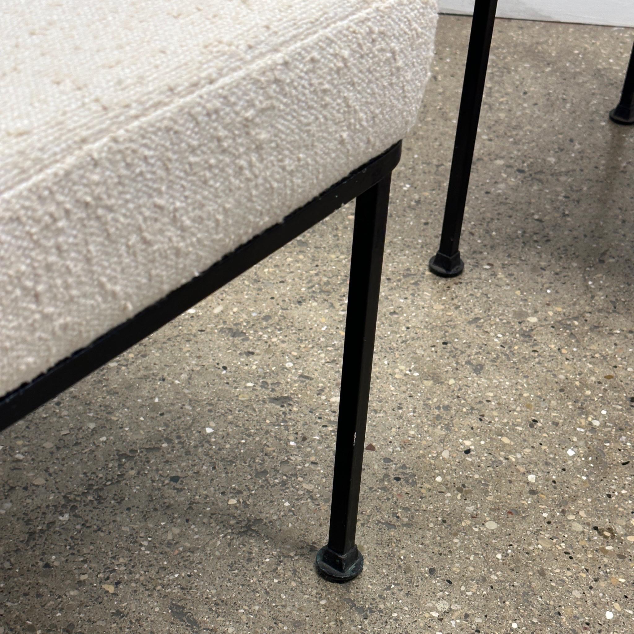 c. 1960s. Price is for the set. Contact us if you’d like to purchase a single item. Reupholstered in white boucle. Iron frame, we also have a third one available. 


