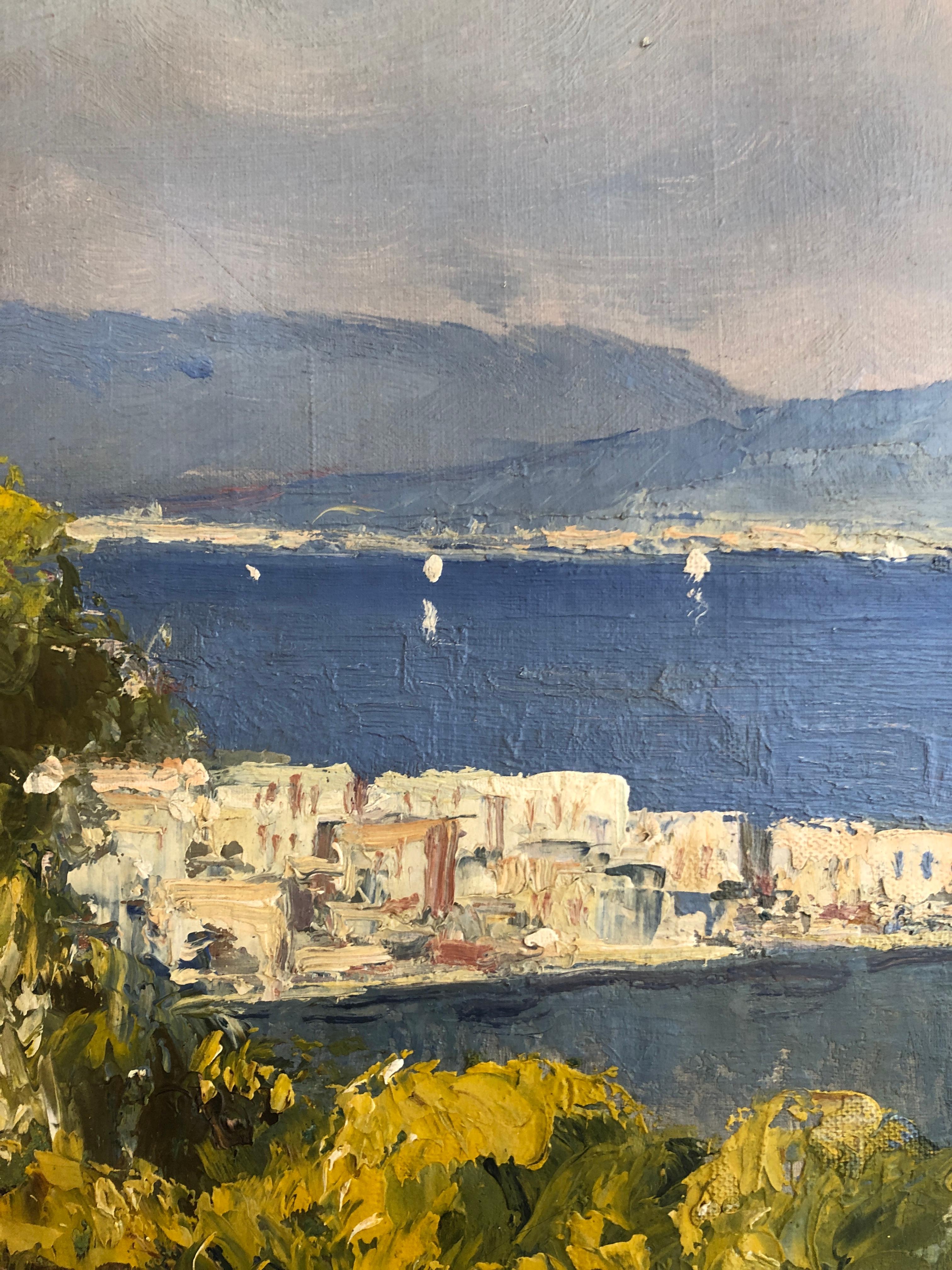 Bay of Naples and view of Vesuvius - Gray Landscape Painting by U.Maresca
