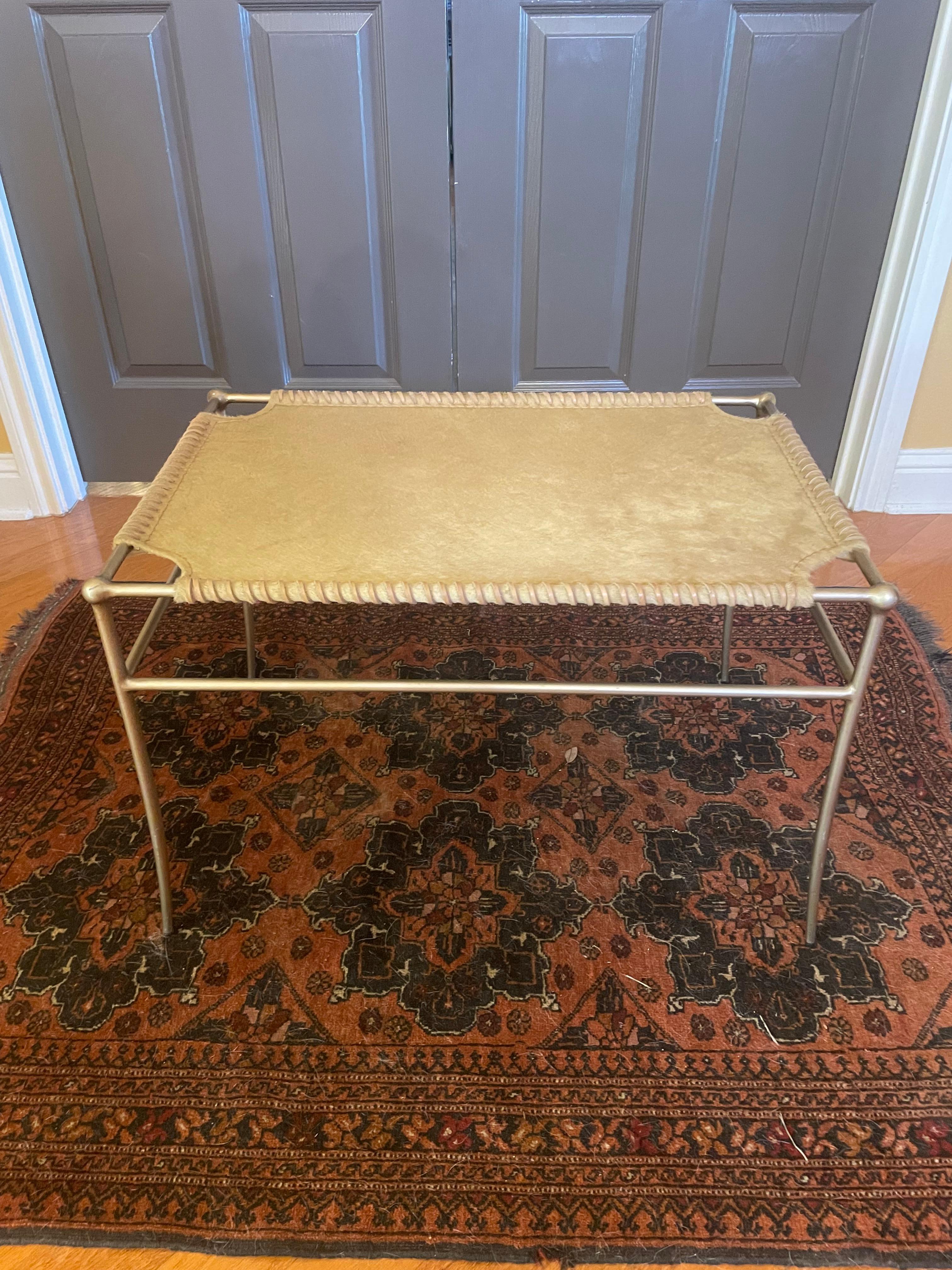 Umber-Colored Hide, Leather and Brass Bench For Sale 4
