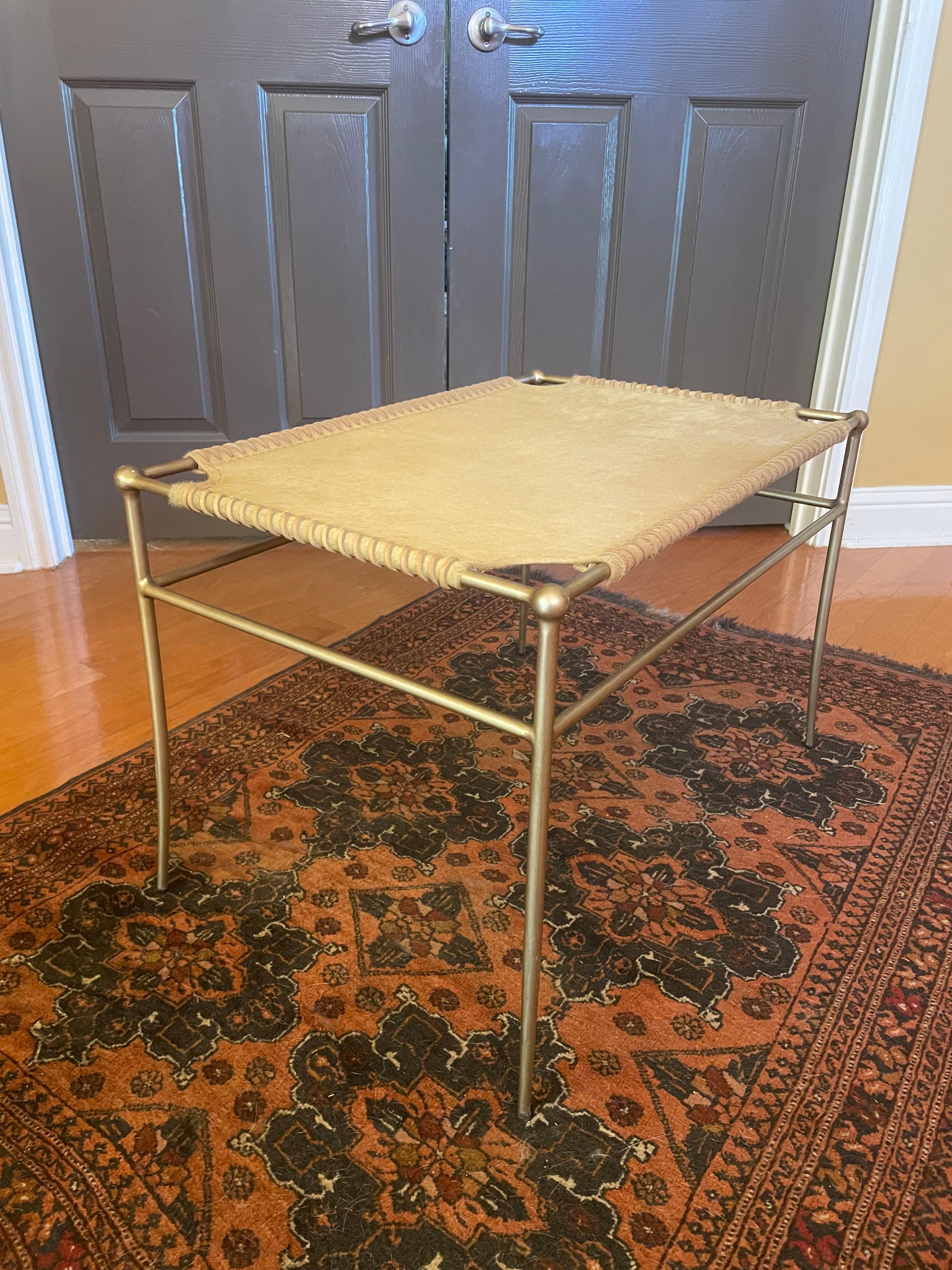 Chinese Umber-Colored Hide, Leather and Brass Bench For Sale