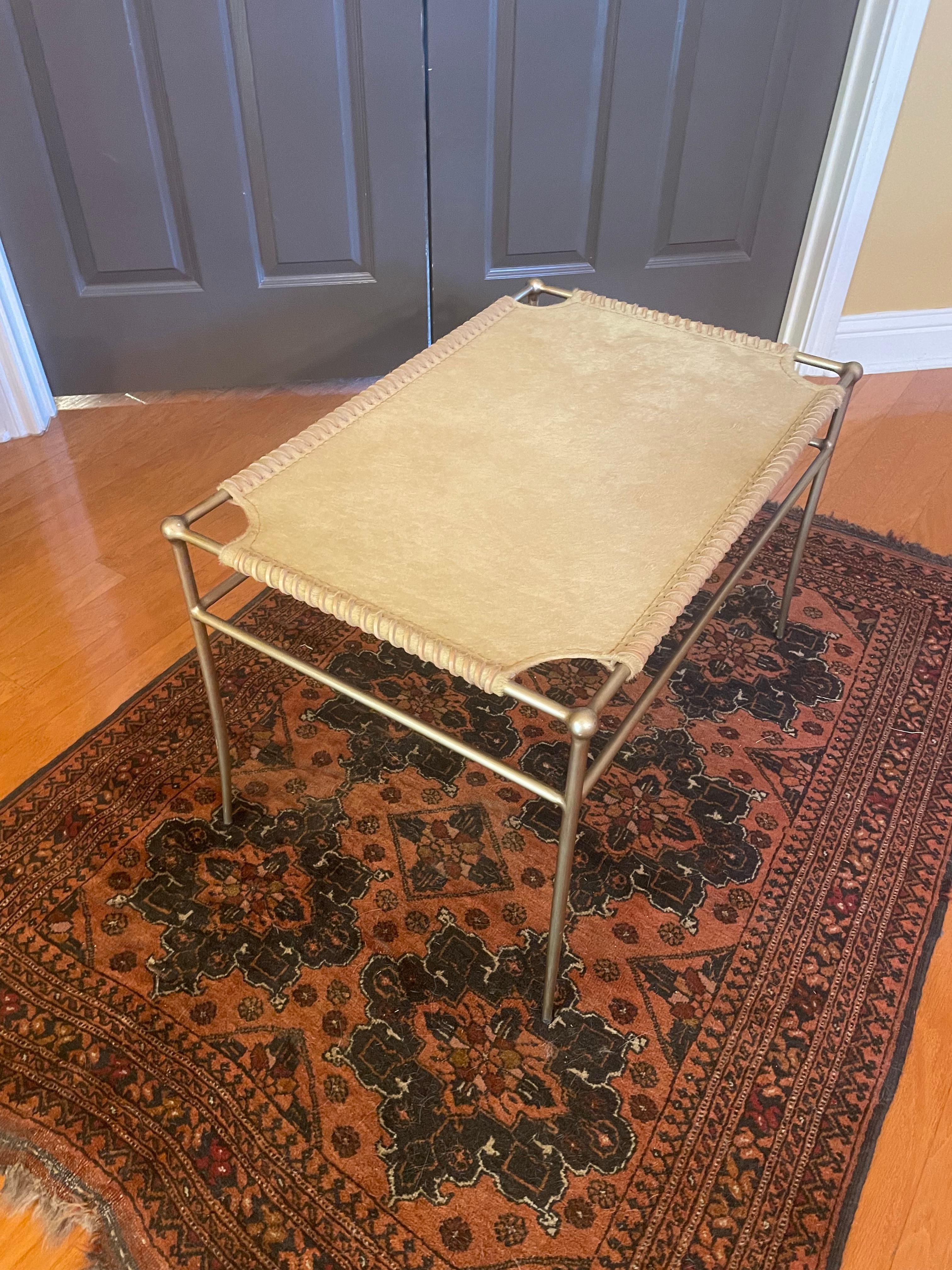 Umber-Colored Hide, Leather and Brass Bench In Excellent Condition For Sale In Austin, TX