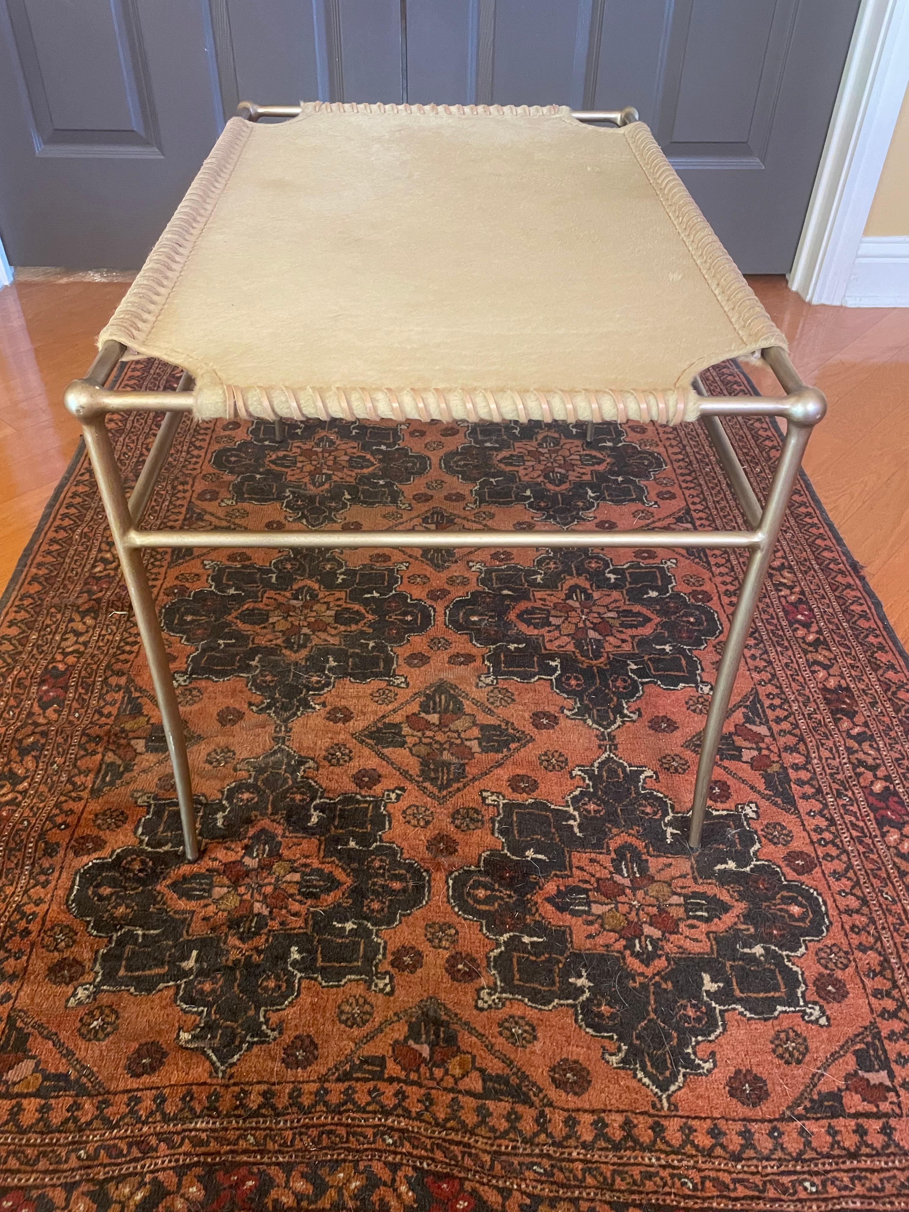 Umber-Colored Hide, Leather and Brass Bench For Sale 1