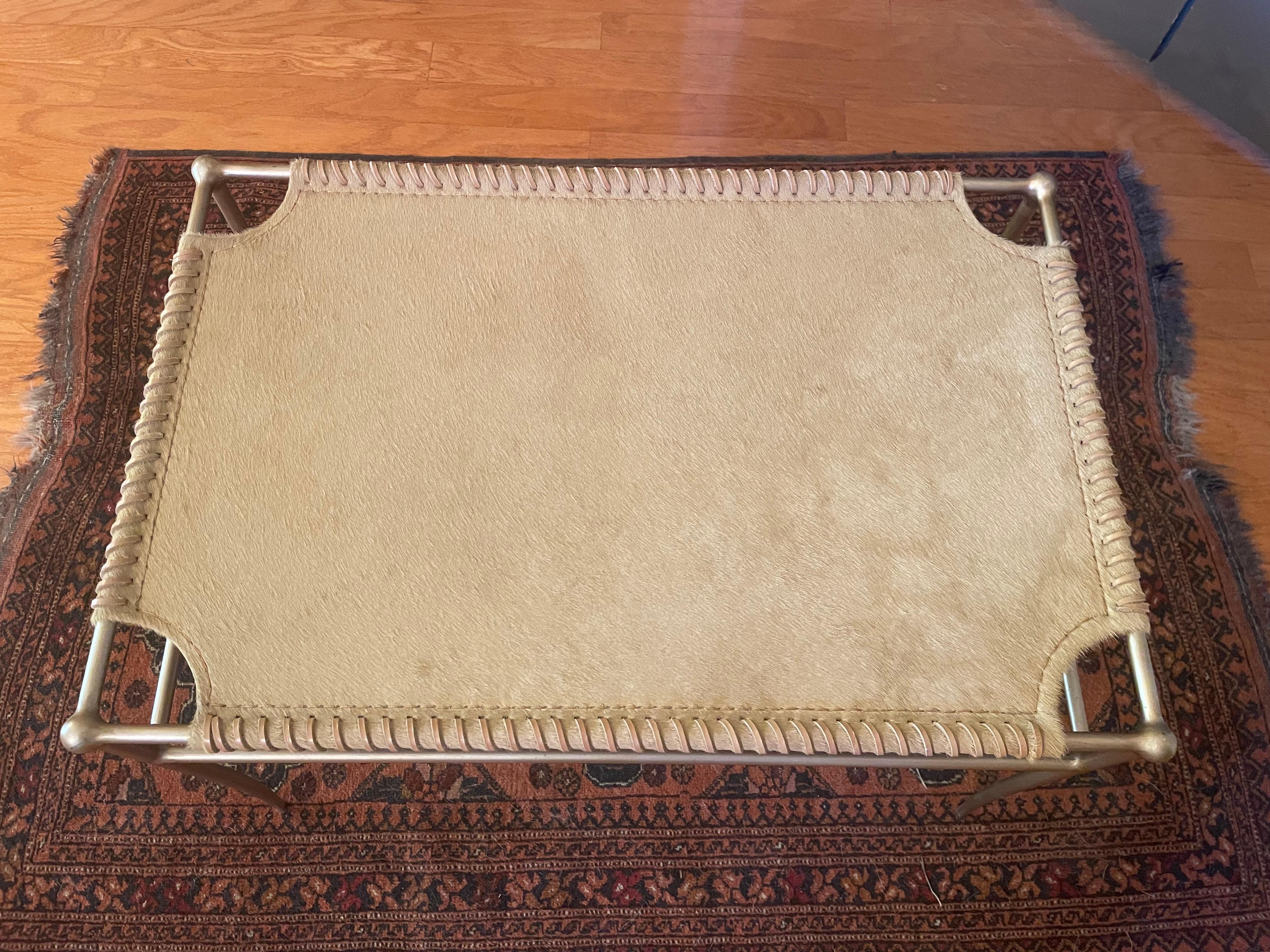 Umber-Colored Hide, Leather and Brass Bench For Sale 3