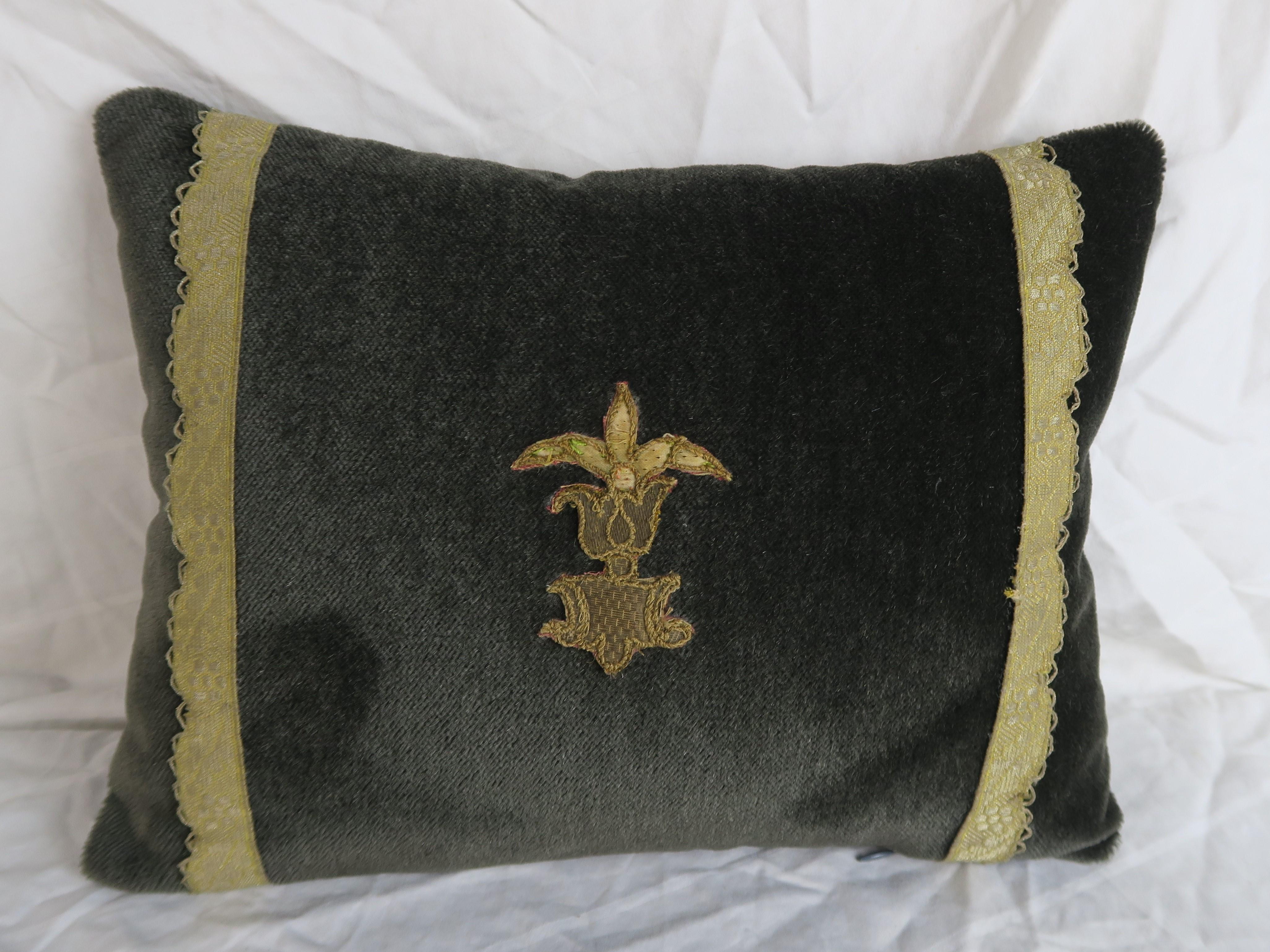 Pair of custom pillows designed by Melissa Levinson with 19th century French metallic gold and silk appliques centred on umber colored silk mohair and finished with an antique gold metallic tape at both sides of pillow. Dark gray linen backs, down