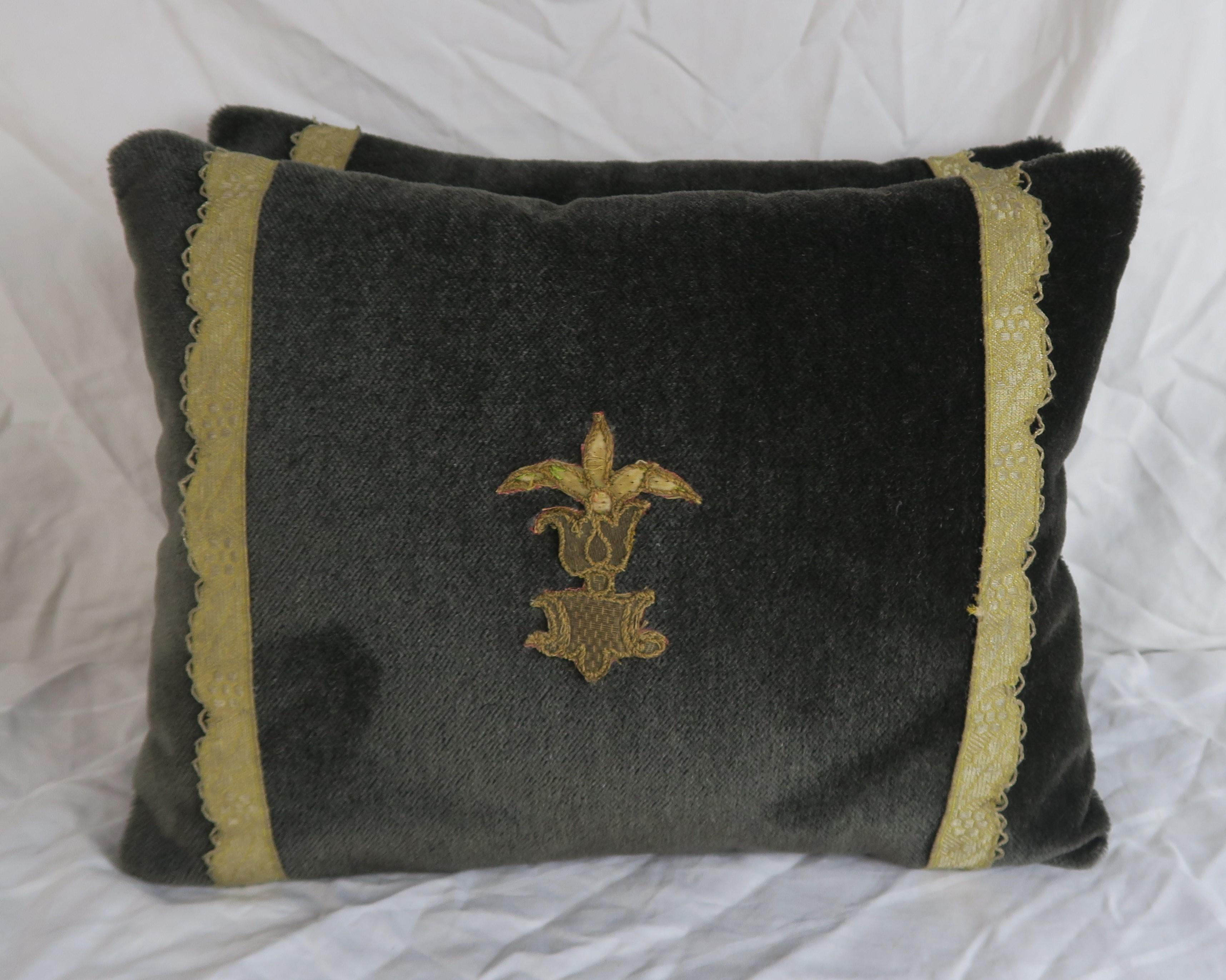 French Umber Velvet Appliqued Pillows, Pair