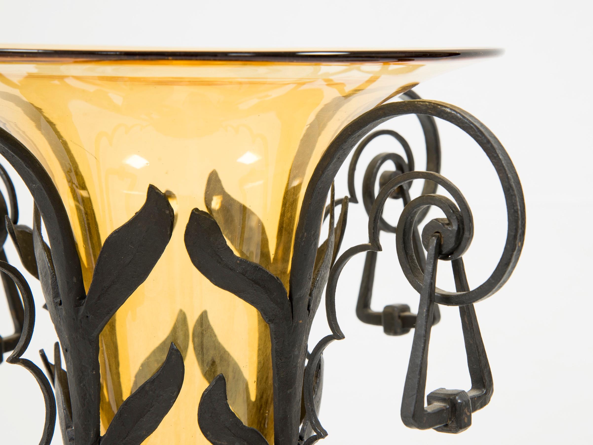 Italian Umberto Bellotto, Vase in Blown Glass and Wrought Iron, circa 1910 For Sale