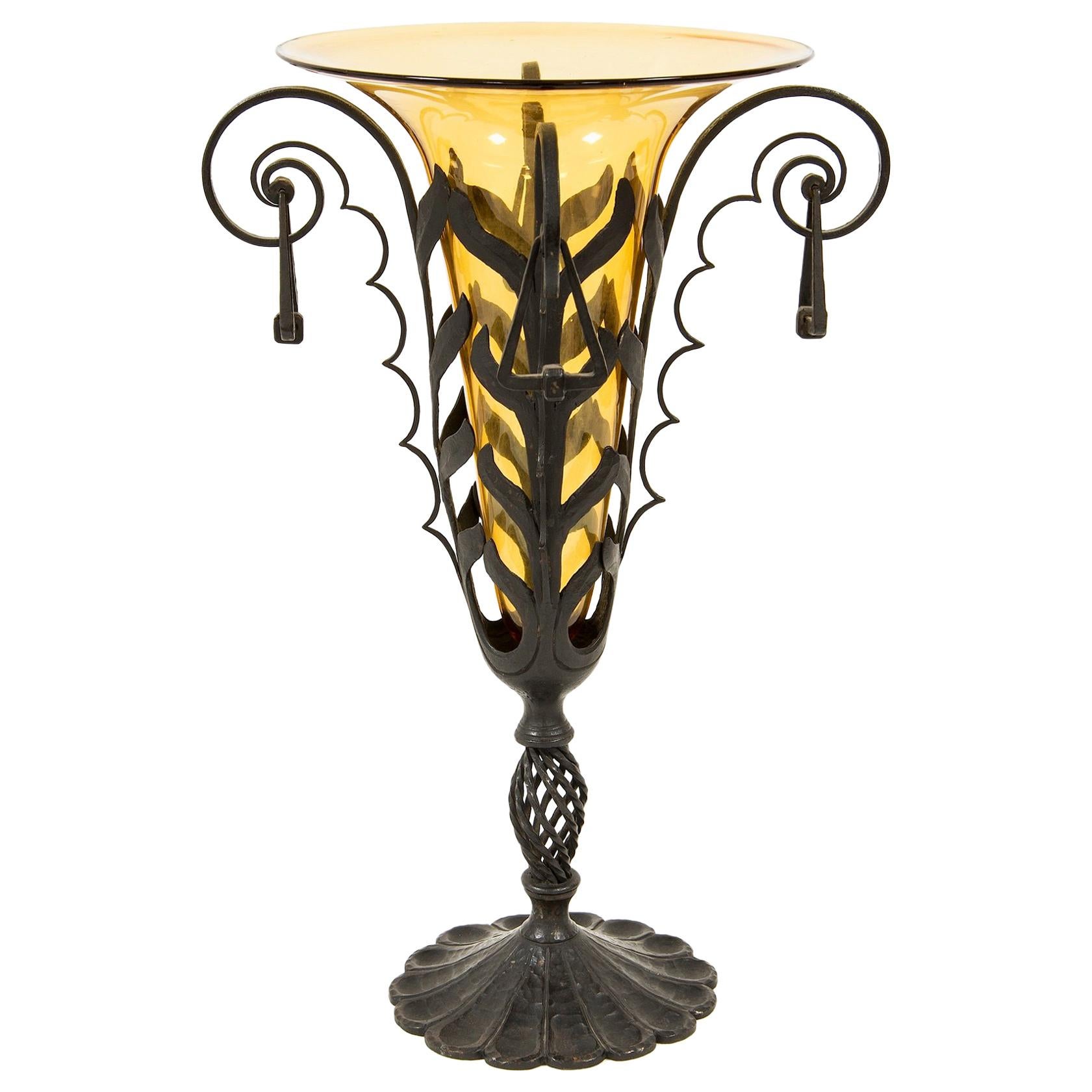 Umberto Bellotto, Vase in Blown Glass and Wrought Iron, circa 1910 For Sale